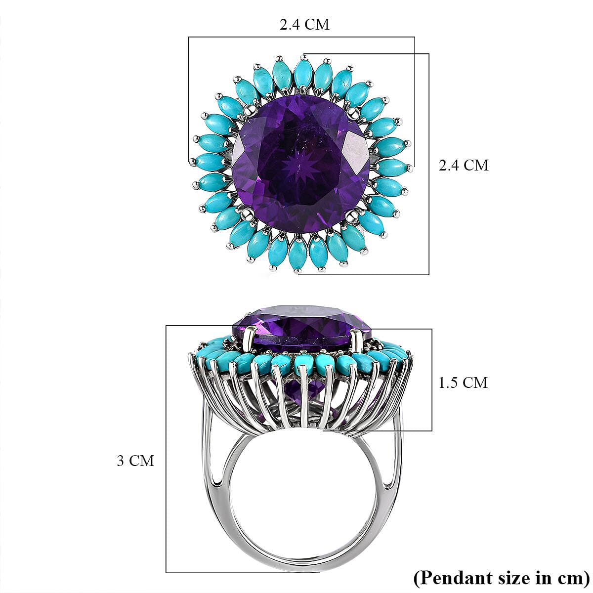 Amethyst and Arizona Sleeping Beauty Turquoise Floral Ring in Platinum Overlay Sterling Silver 7266337 11