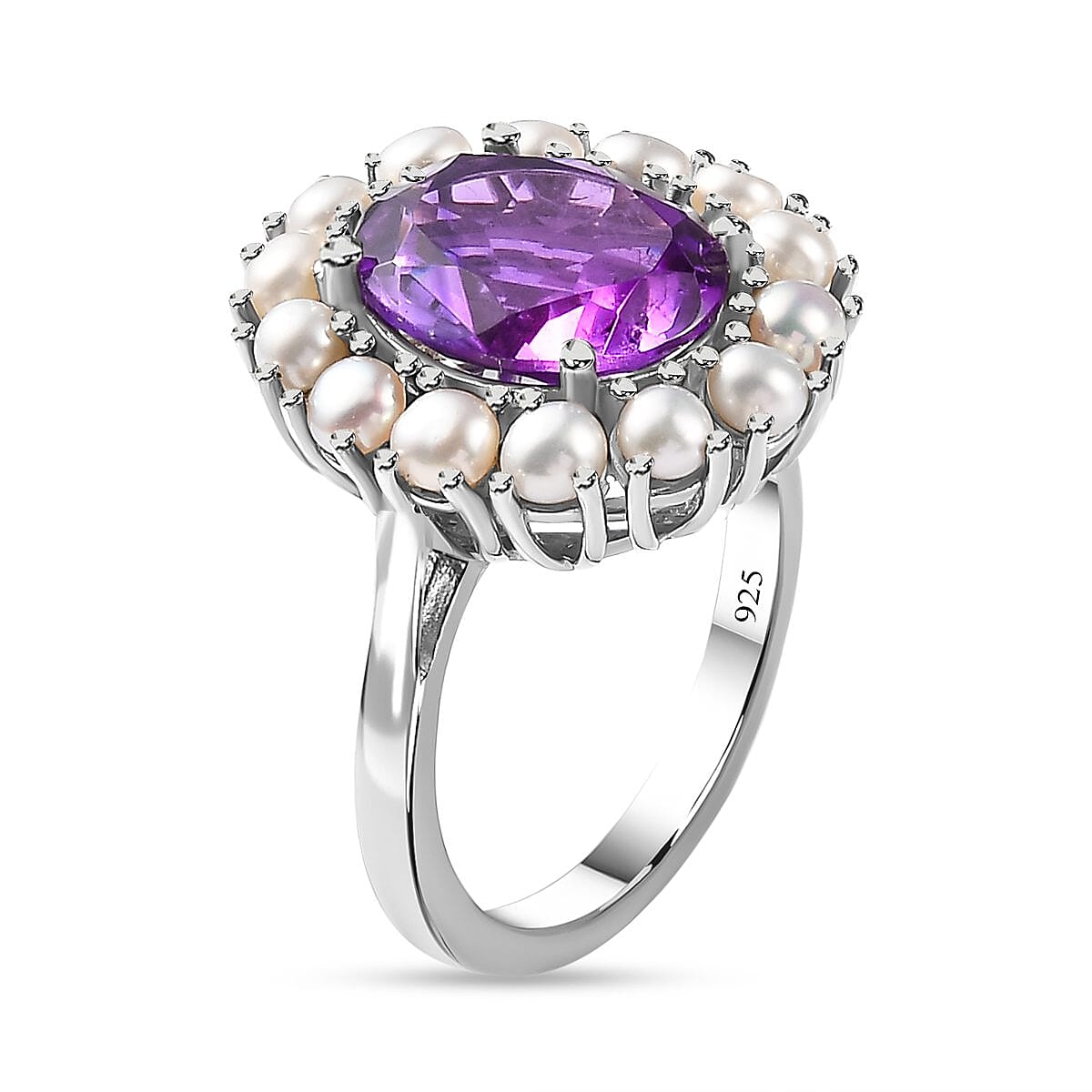 Amethyst and Fresh Water Pearl Ring in Platinum Overlay Sterling Silver 6.29 Ct. 7255833 6