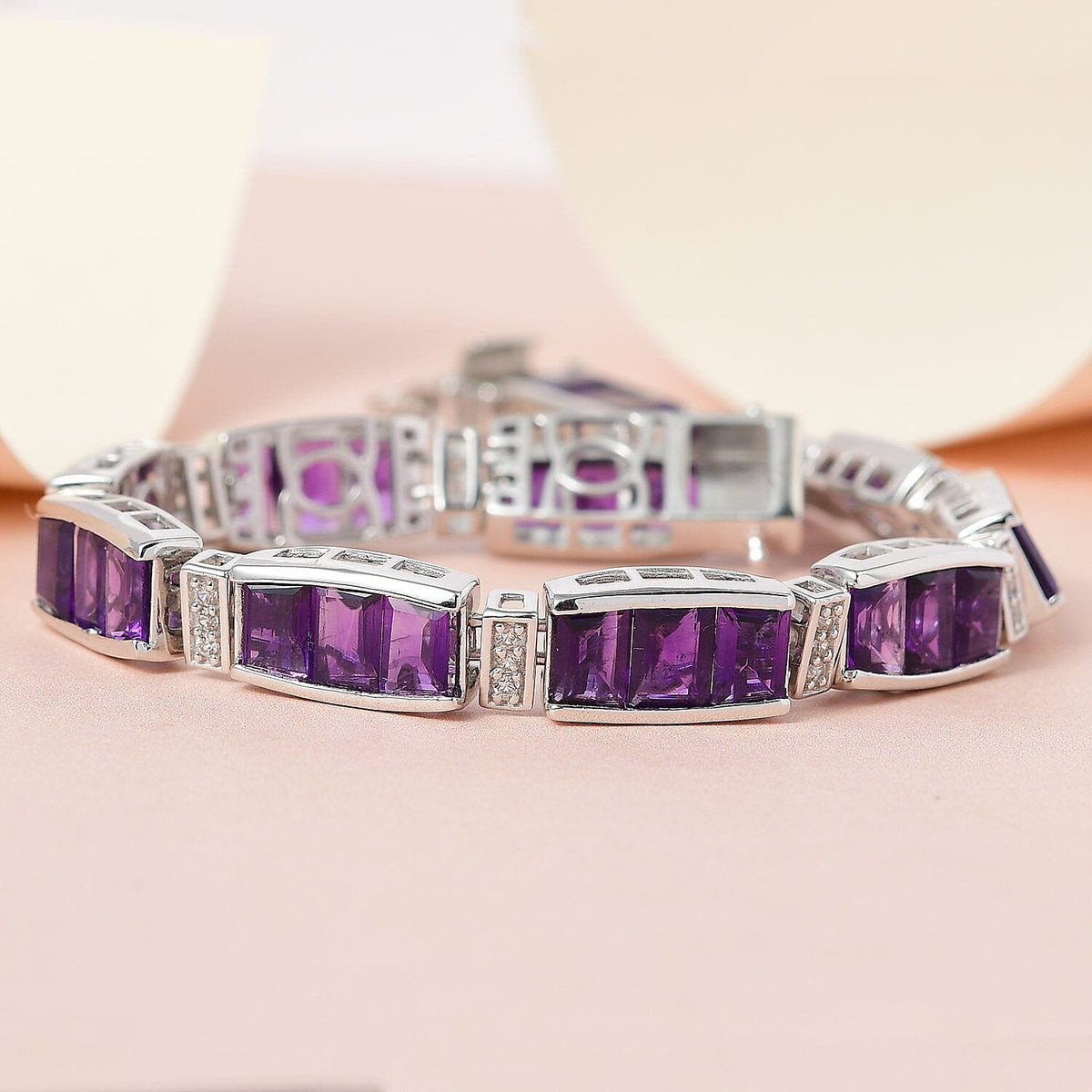 Amethyst and Natural Cambodian Zircon Cluster Bracelet (Size - 8) in Platinum Overlay Sterling Silver 25.61 Ct, Silver Wt. 21.59 Gms 7319484 2