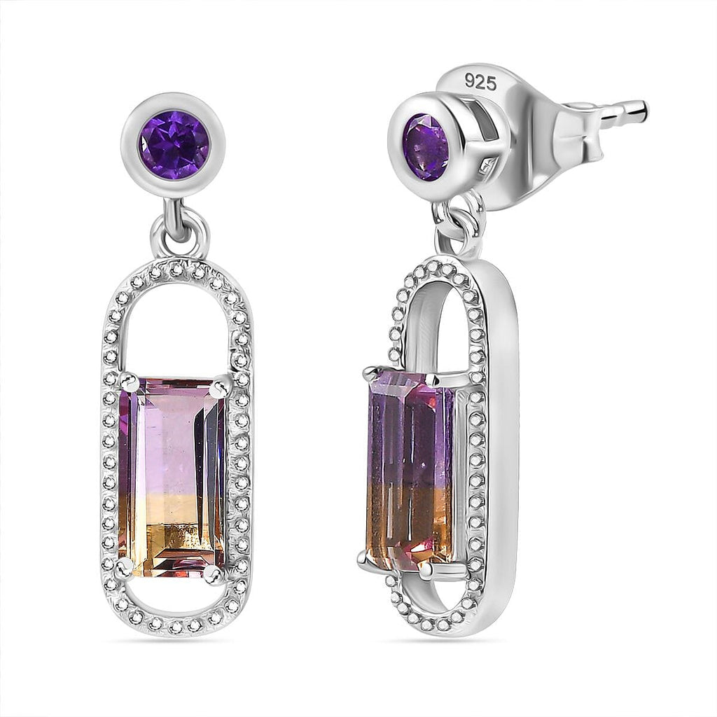 Ametrine & Amethyst Dangle Earrings in Rhodium Overlay Sterling Silver 1.92 Ct