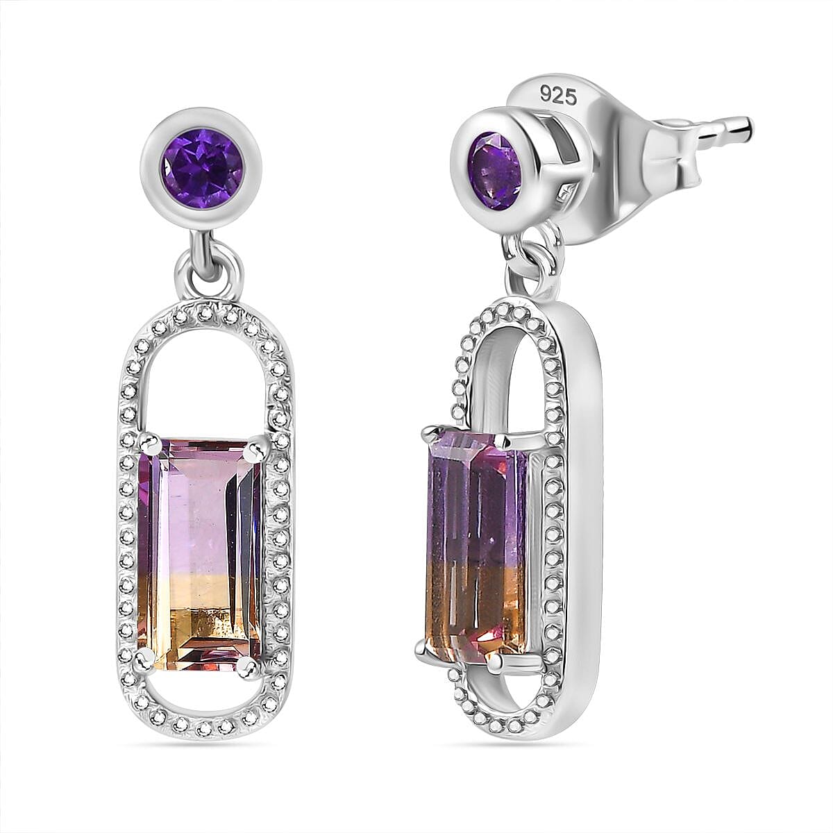 Ametrine &amp; Amethyst Dangle Earrings in Rhodium Overlay Sterling Silver 1.92 Ct 7791040 0