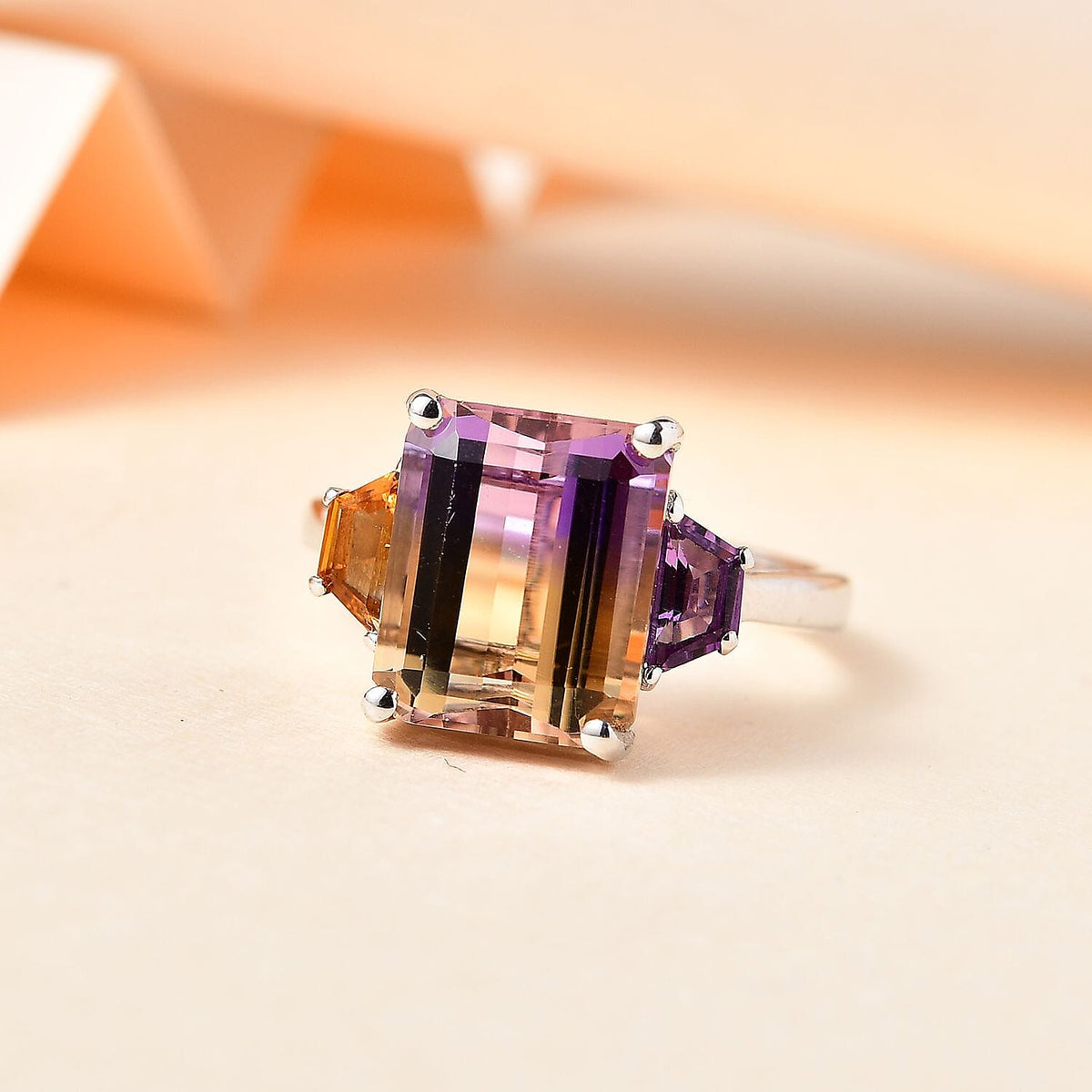 Ametrine,Citrine &amp; Amethyst Ring in Rhodium Overlay Sterling Silver 5.45 Ct 7794625 2