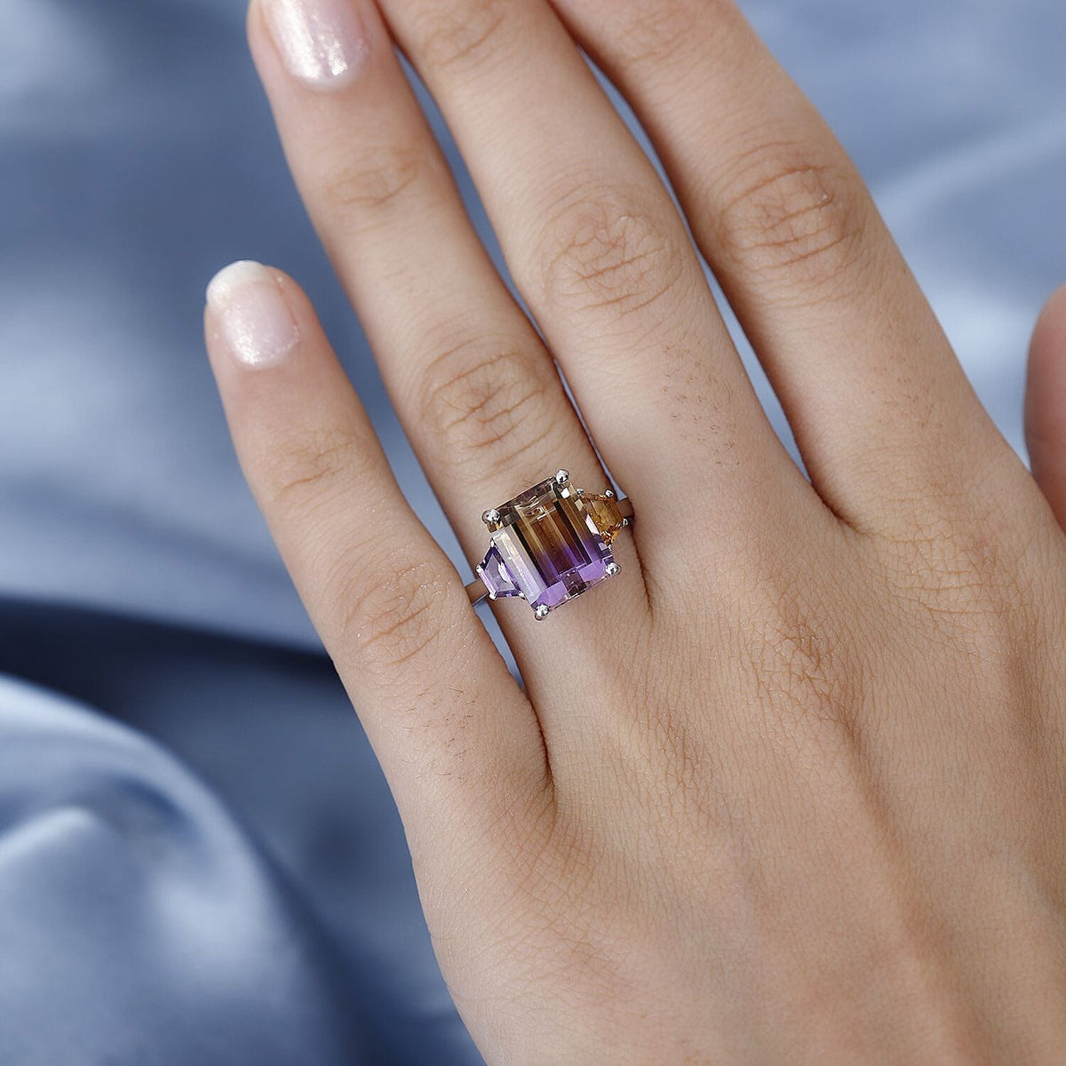 Ametrine,Citrine &amp; Amethyst Ring in Rhodium Overlay Sterling Silver 5.45 Ct 7794625 3