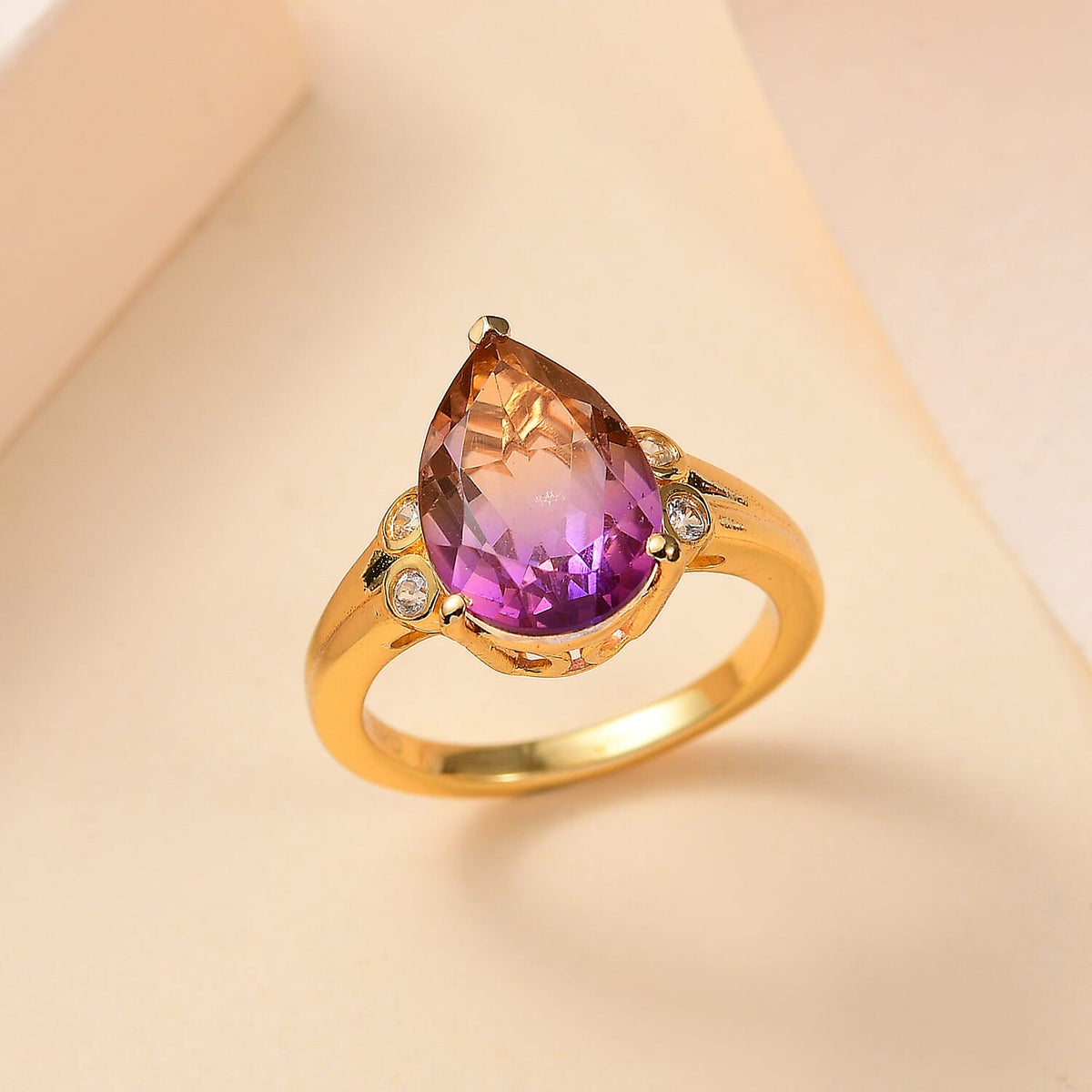 Ametrine Triplet Quartz, White Zircon Solitaire Ring in Gold Overlay Pure Brass 4.32 Ct. 7858203 3