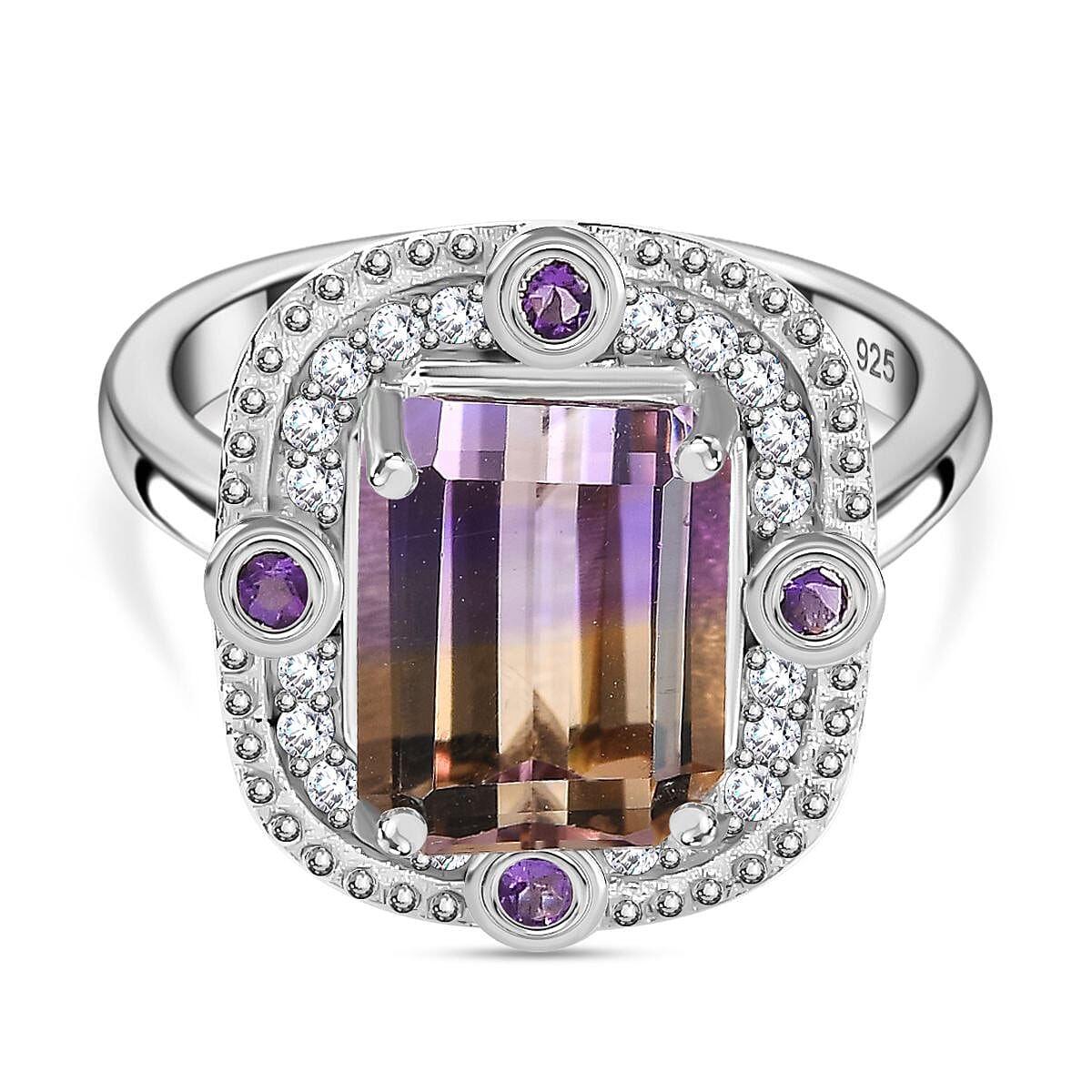 Ametrine, Natural Zircon and Amethyst Halo Ring in Rhodium Overlay Sterling Silver 3.80 Ct. 7791452 0