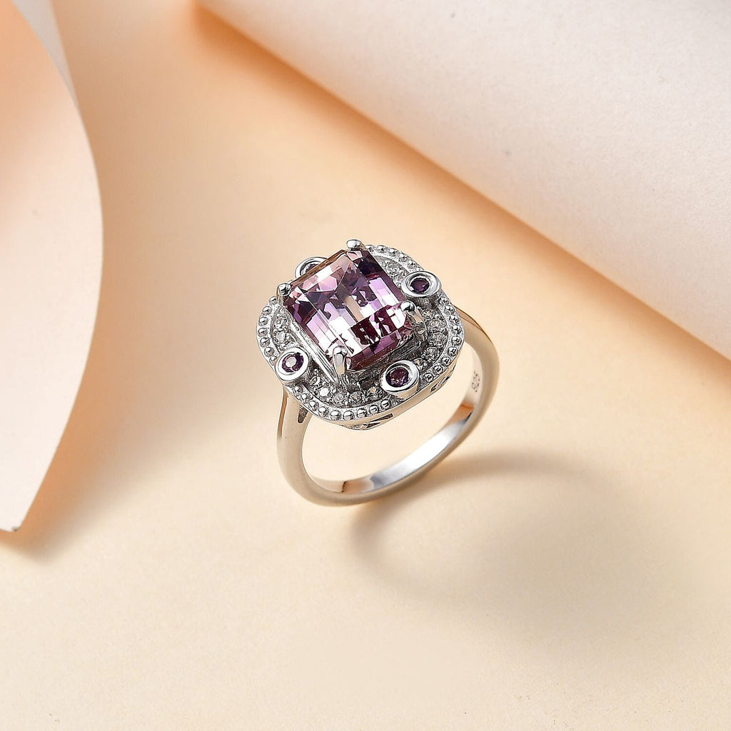 Ametrine, Natural Zircon & Amethyst Ring in Rhodium Overlay Sterling Silver 3.80 Ct.