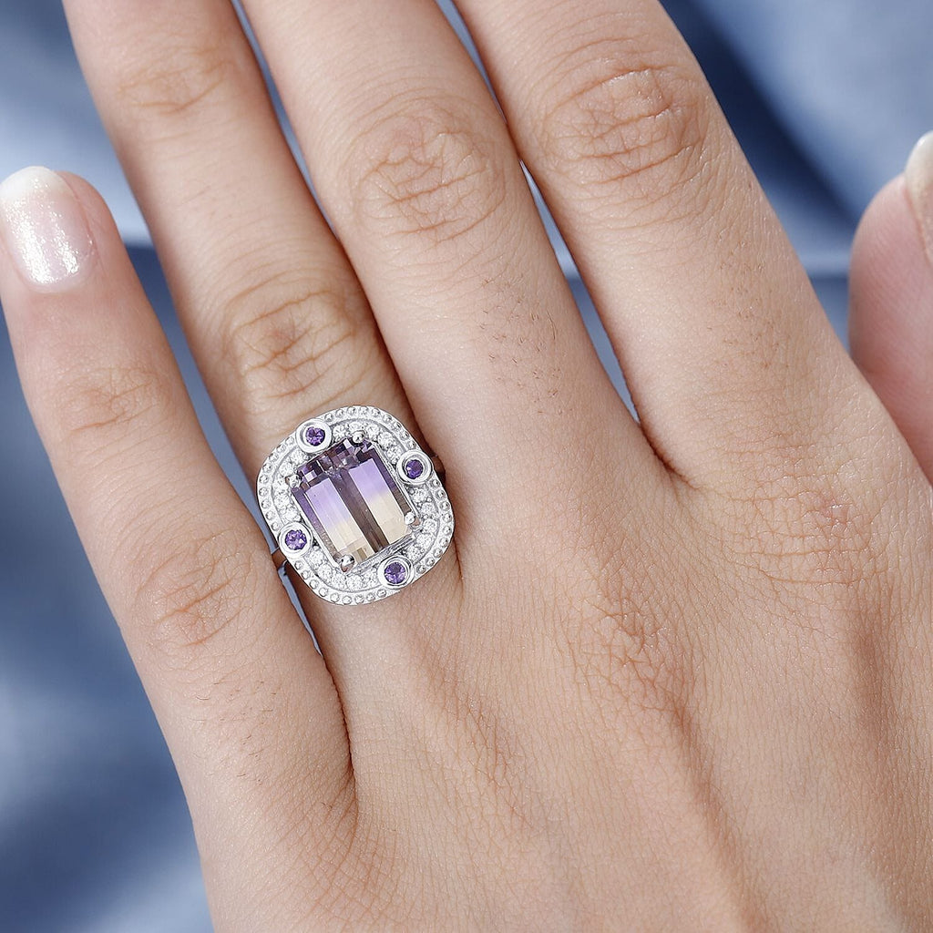 Ametrine, Natural Zircon & Amethyst Ring in Rhodium Overlay Sterling Silver 3.80 Ct.