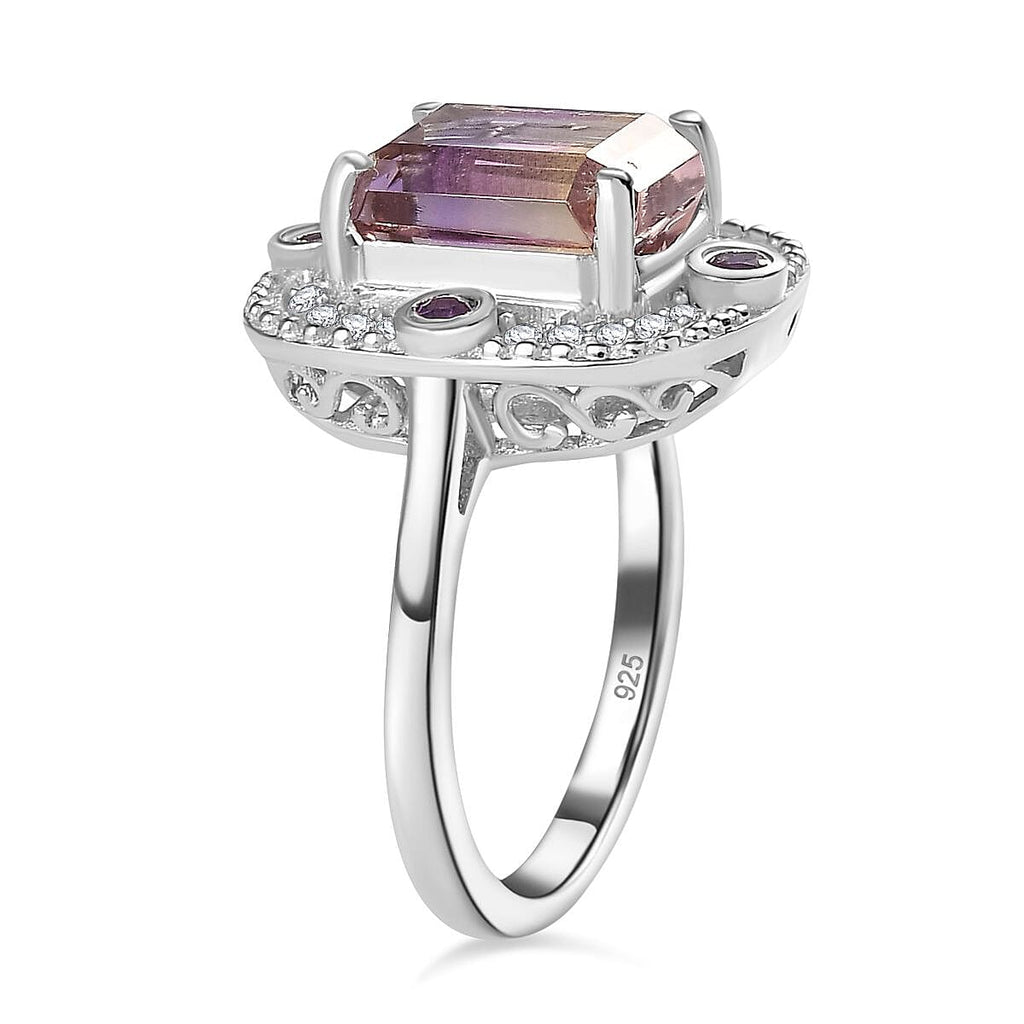 Ametrine, Natural Zircon & Amethyst Ring in Rhodium Overlay Sterling Silver 3.80 Ct.