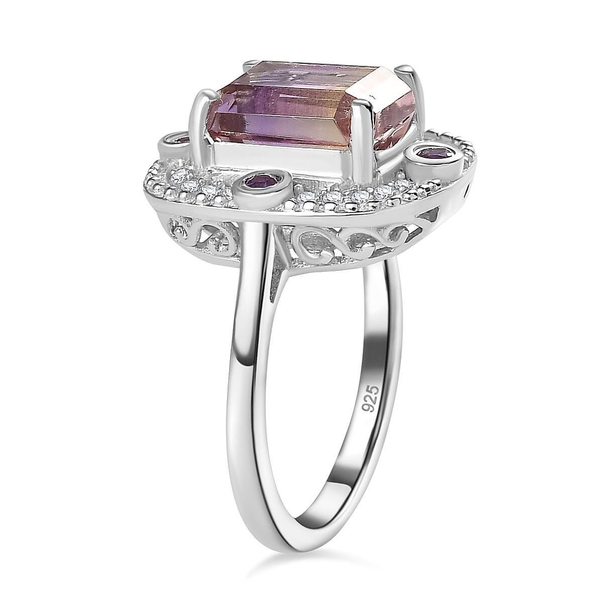Ametrine, Natural Zircon and Amethyst Halo Ring in Rhodium Overlay Sterling Silver 3.80 Ct. 7791452 4