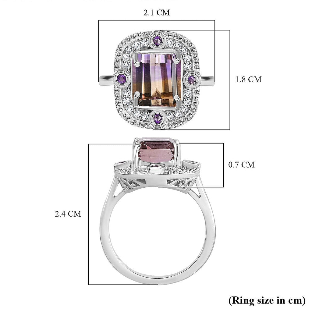 Ametrine, Natural Zircon & Amethyst Ring in Rhodium Overlay Sterling Silver 3.80 Ct.