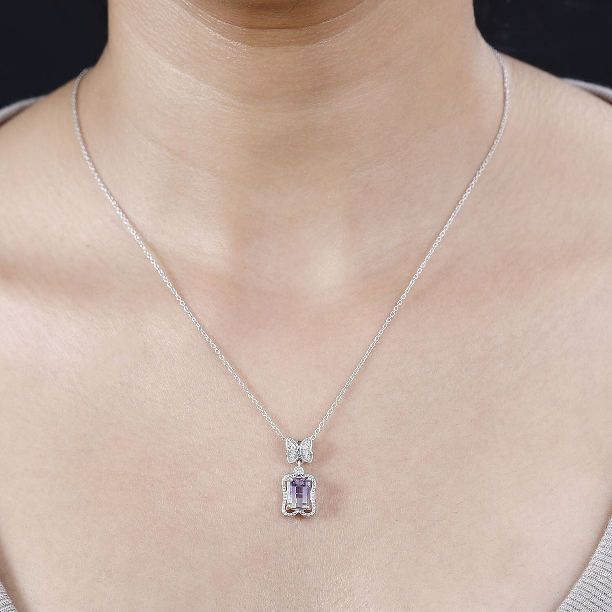 Ametrine and Natural Zircon Butterfly Drop Pendant with Chain (Size 20) in Rhodium Overlay Sterling Silver 1.81 Ct 4276184 2