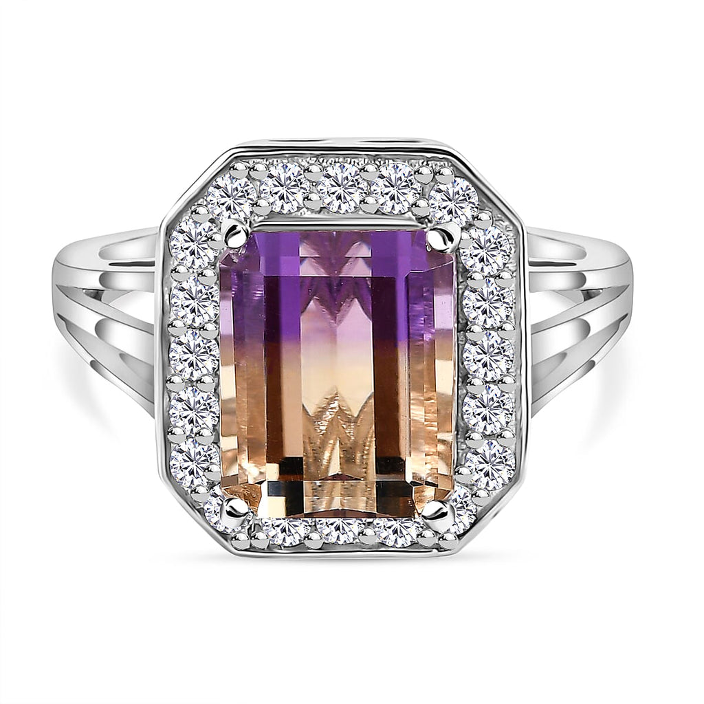 Ametrine and Natural Zircon Halo Ring in Platinum Overlay Sterling Silver 3.92 Ct.