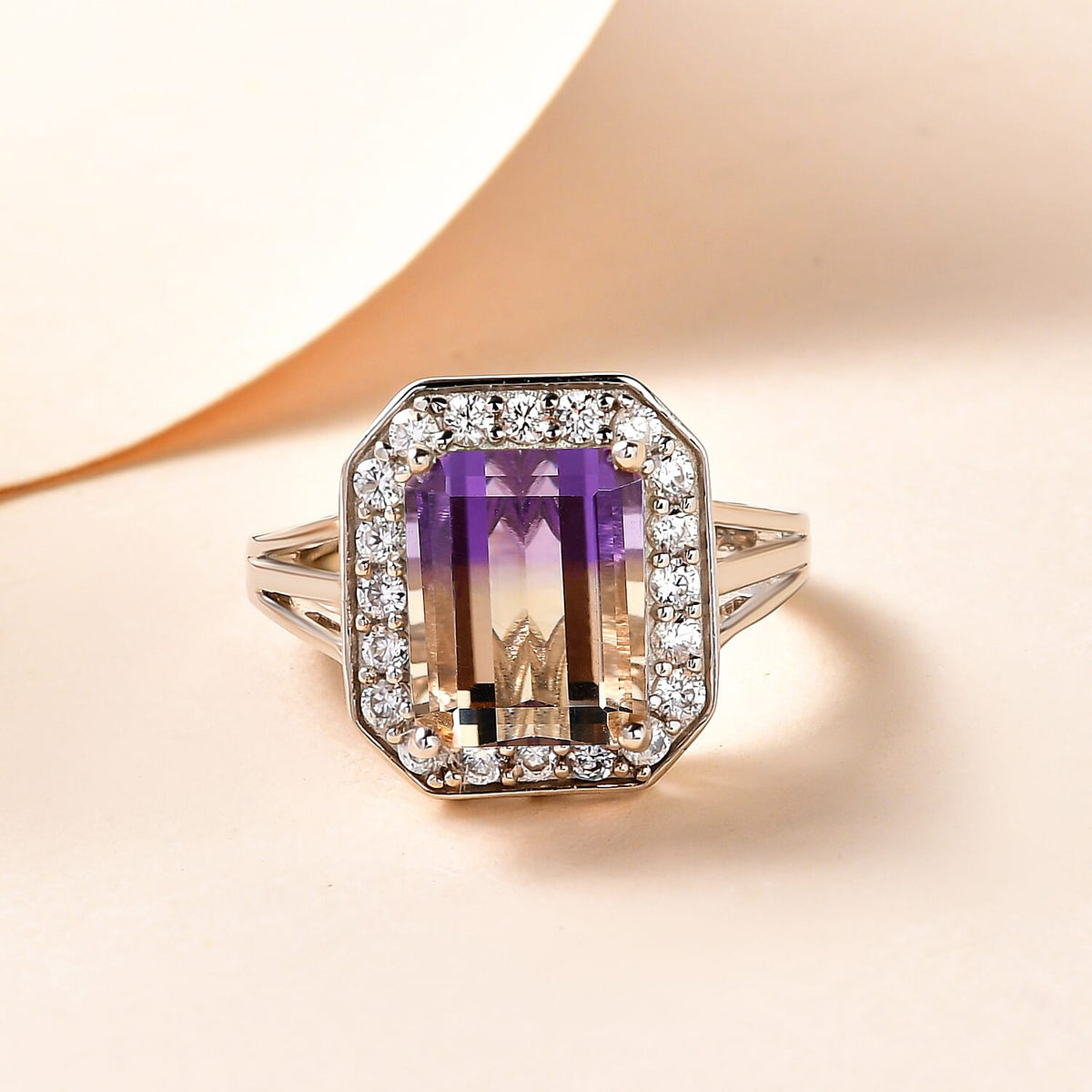Ametrine and Natural Zircon Halo Ring in Platinum Overlay Sterling Silver 3.92 Ct. 7190527 2