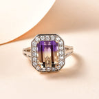 Ametrine and Natural Zircon Halo Ring in Platinum Overlay Sterling Silver 3.92 Ct.