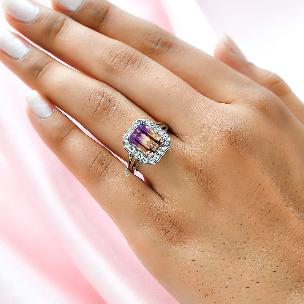 Ametrine and Natural Zircon Halo Ring in Platinum Overlay Sterling Silver 3.92 Ct.