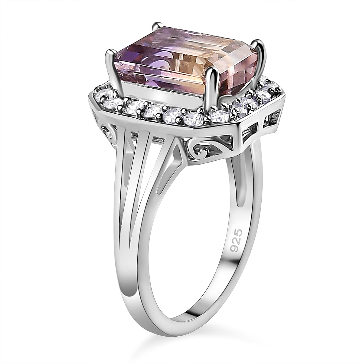 Ametrine and Natural Zircon Halo Ring in Platinum Overlay Sterling Silver 3.92 Ct. 7190527 4