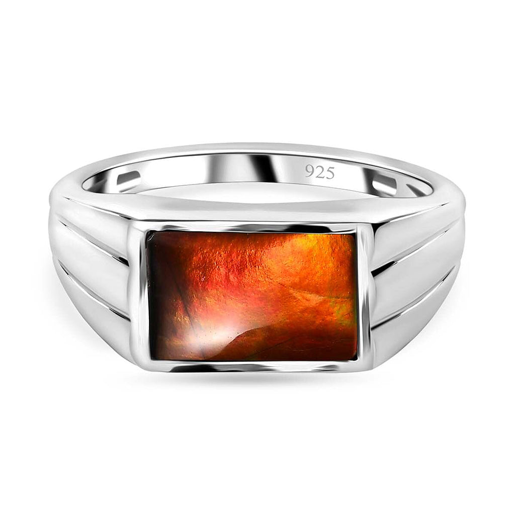 Ammolite SIGNET Ring (Bgt 12X8 mm) in Platinum Overlay Sterling Silver 3.12 Ct, Silver Wt 5.34 GM