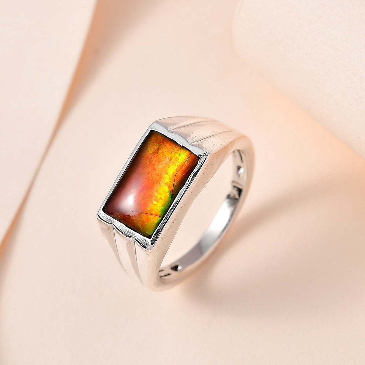 Ammolite SIGNET Ring (Bgt 12X8 mm) in Platinum Overlay Sterling Silver 3.12 Ct, Silver Wt 5.34 GM 7620612 1