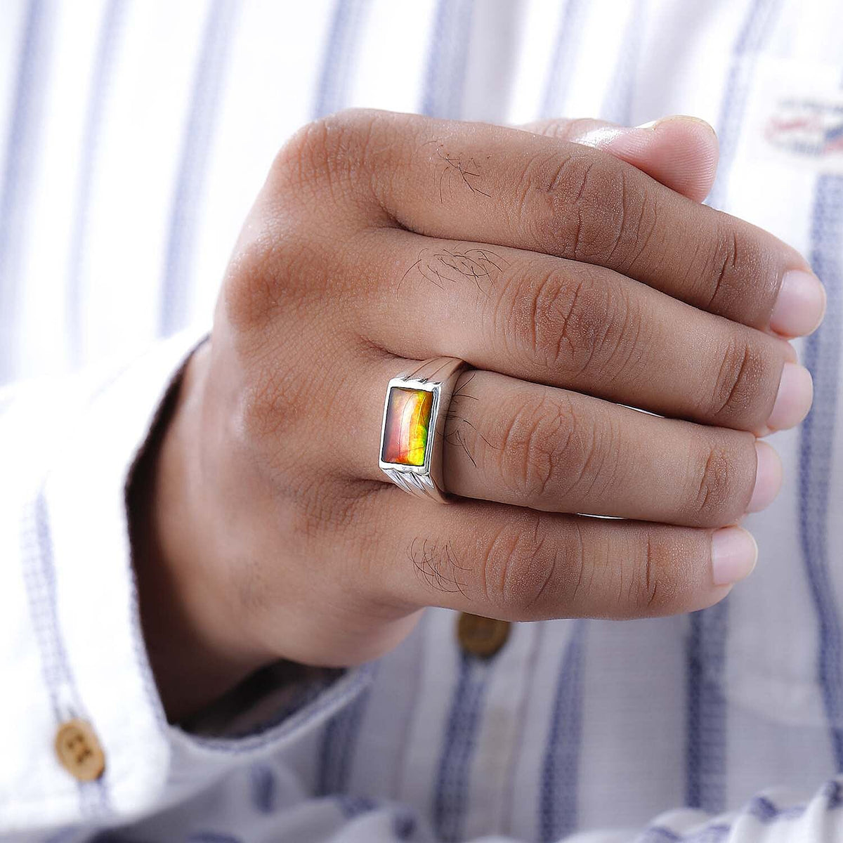 Ammolite SIGNET Ring (Bgt 12X8 mm) in Platinum Overlay Sterling Silver 3.12 Ct, Silver Wt 5.34 GM 7620612 2