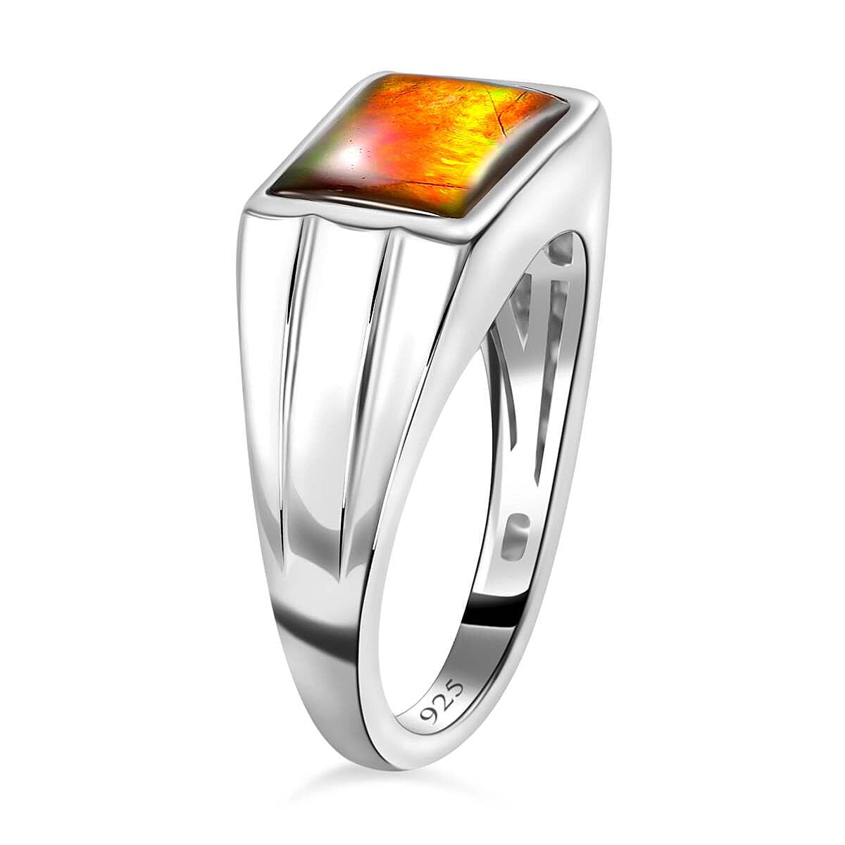 Ammolite SIGNET Ring (Bgt 12X8 mm) in Platinum Overlay Sterling Silver 3.12 Ct, Silver Wt 5.34 GM 7620612 3