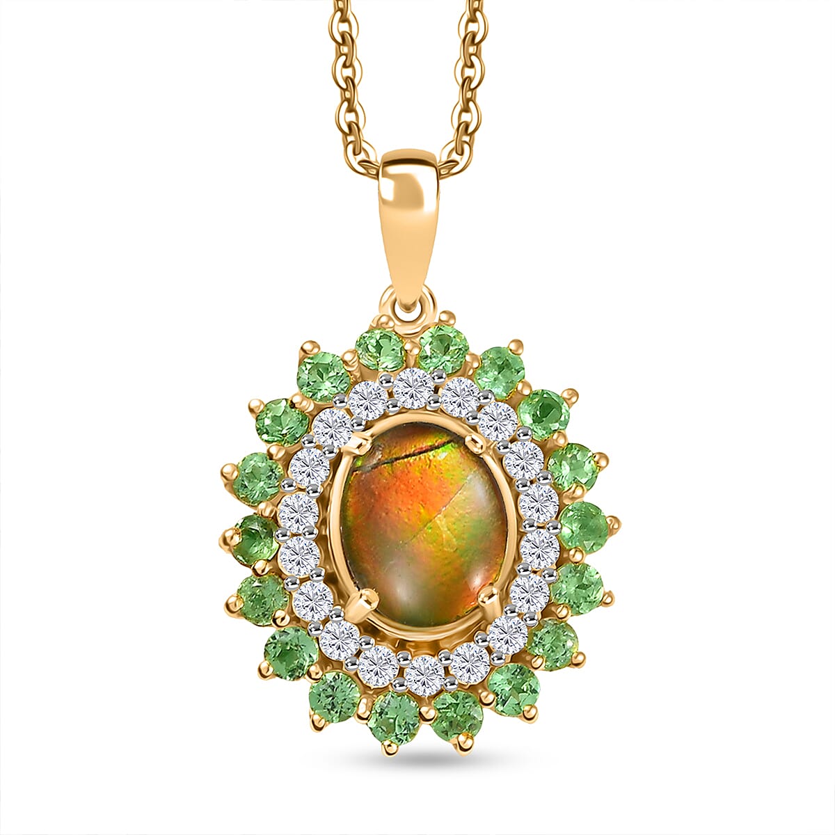 AA Ammolite, Tsavorite Garnet &amp; White Zircon Double Halo Pendant with Chain (Size 20) in 18K Vermeil Yellow Gold Sterling Silver 3.32 Ct, Silver Wt. 5.37 Gms. 4391272 0
