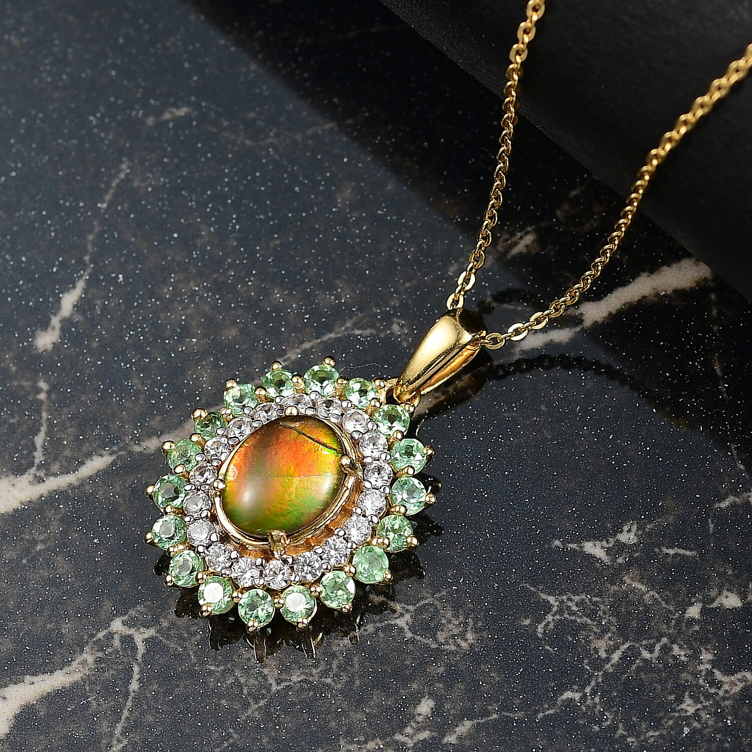 AA Ammolite, Tsavorite Garnet &amp; White Zircon Double Halo Pendant with Chain (Size 20) in 18K Vermeil Yellow Gold Sterling Silver 3.32 Ct, Silver Wt. 5.37 Gms. 4391272 2