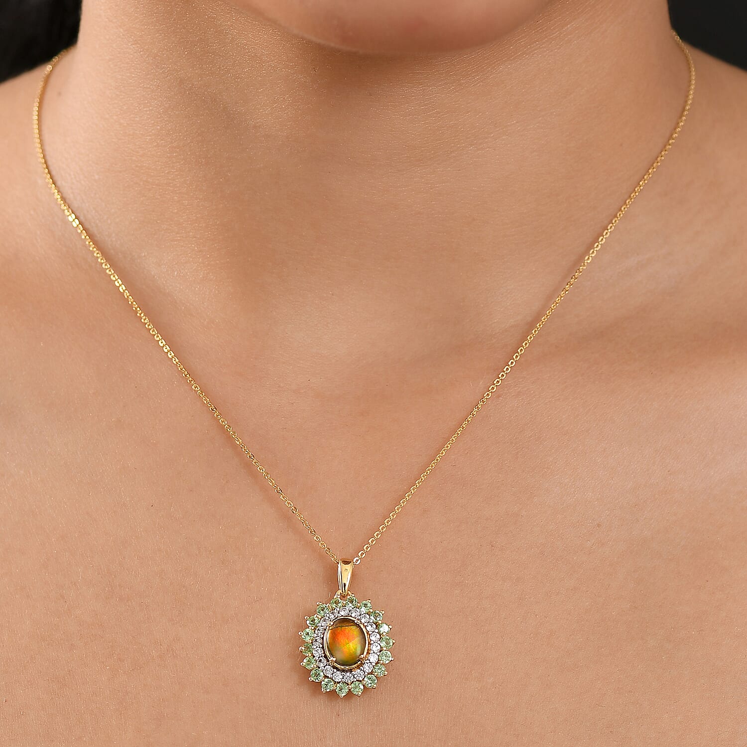 AA Ammolite, Tsavorite Garnet &amp; White Zircon Double Halo Pendant with Chain (Size 20) in 18K Vermeil Yellow Gold Sterling Silver 3.32 Ct, Silver Wt. 5.37 Gms. 4391272 3