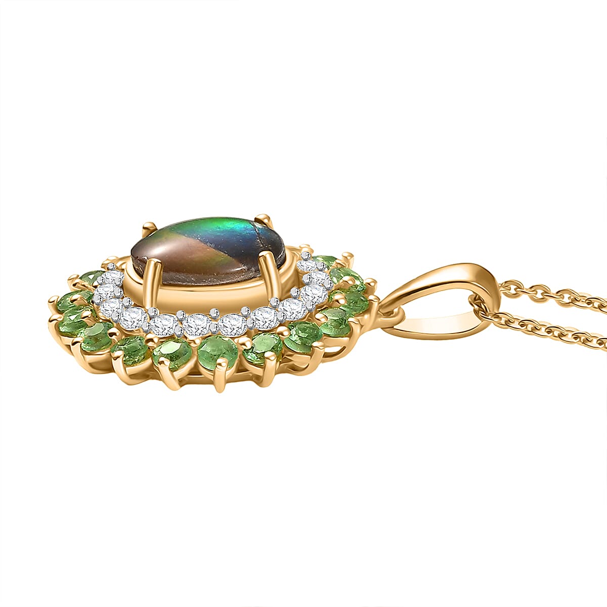 AA Ammolite, Tsavorite Garnet &amp; White Zircon Double Halo Pendant with Chain (Size 20) in 18K Vermeil Yellow Gold Sterling Silver 3.32 Ct, Silver Wt. 5.37 Gms. 4391272 4