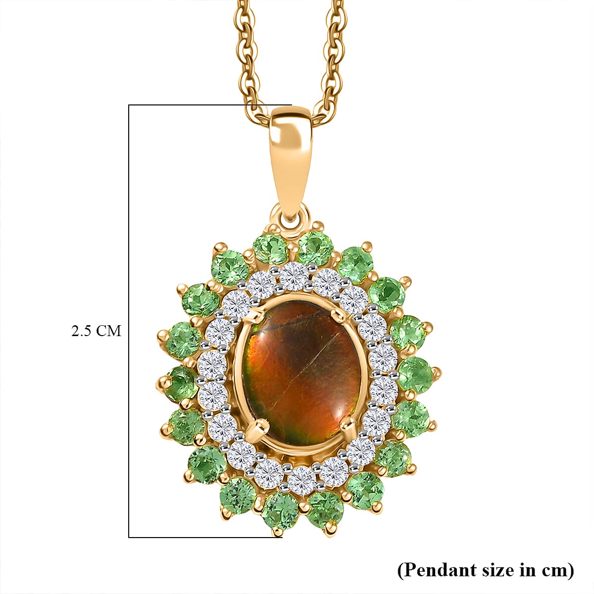 AA Ammolite, Tsavorite Garnet &amp; White Zircon Double Halo Pendant with Chain (Size 20) in 18K Vermeil Yellow Gold Sterling Silver 3.32 Ct, Silver Wt. 5.37 Gms. 4391272 6
