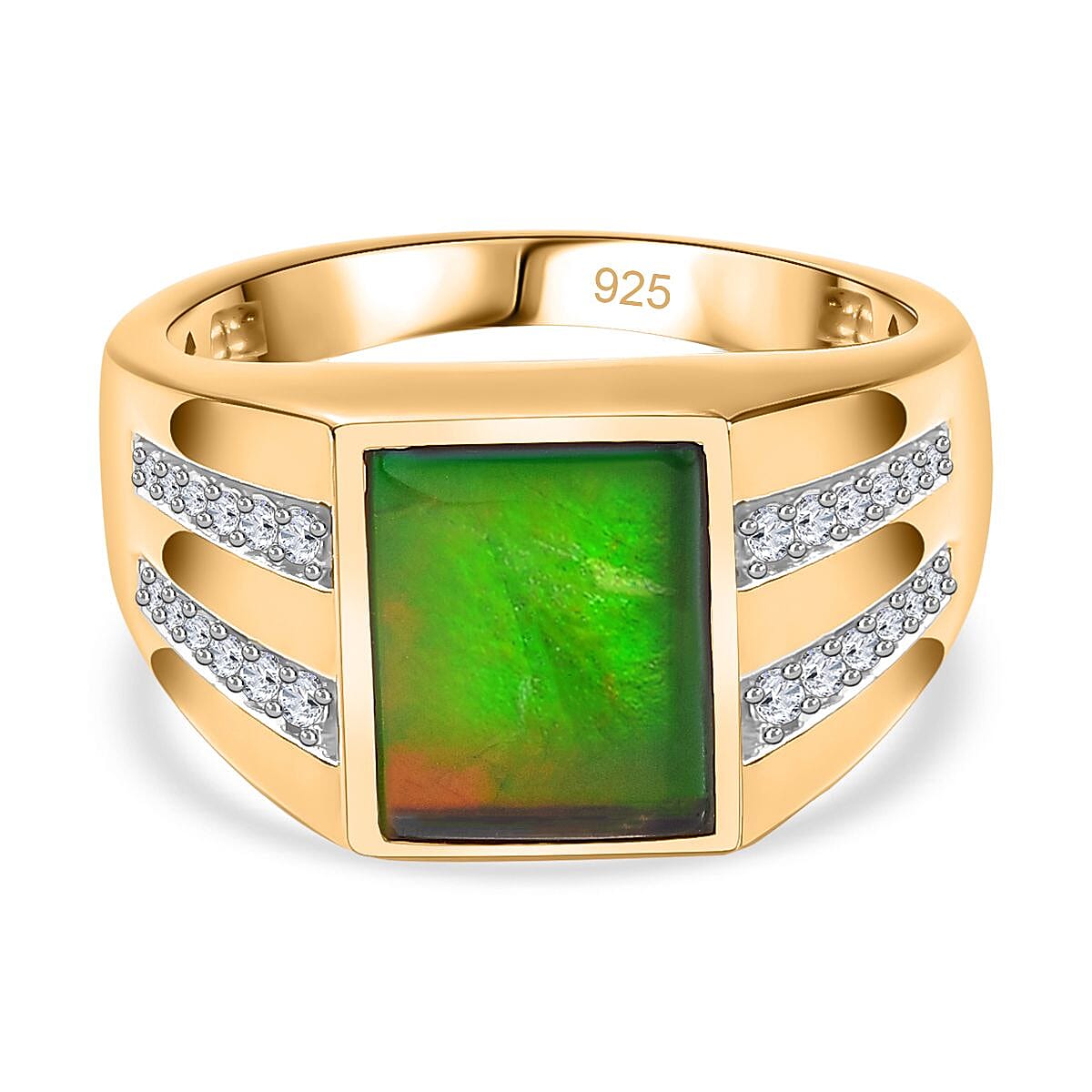 The Rare Find - Ammolite &amp; Natural Zircon Ring in 18K Vermeil Yellow Gold Plated Sterling Silver 2.73 Ct, Silver Wt. 6.72 Gms 7747236 0