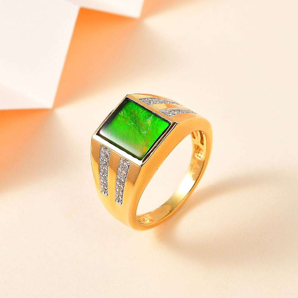 The Rare Find - Ammolite & Natural Zircon Ring in 18K Vermeil Yellow Gold Plated Sterling Silver 2.73 Ct, Silver Wt. 6.72 Gms