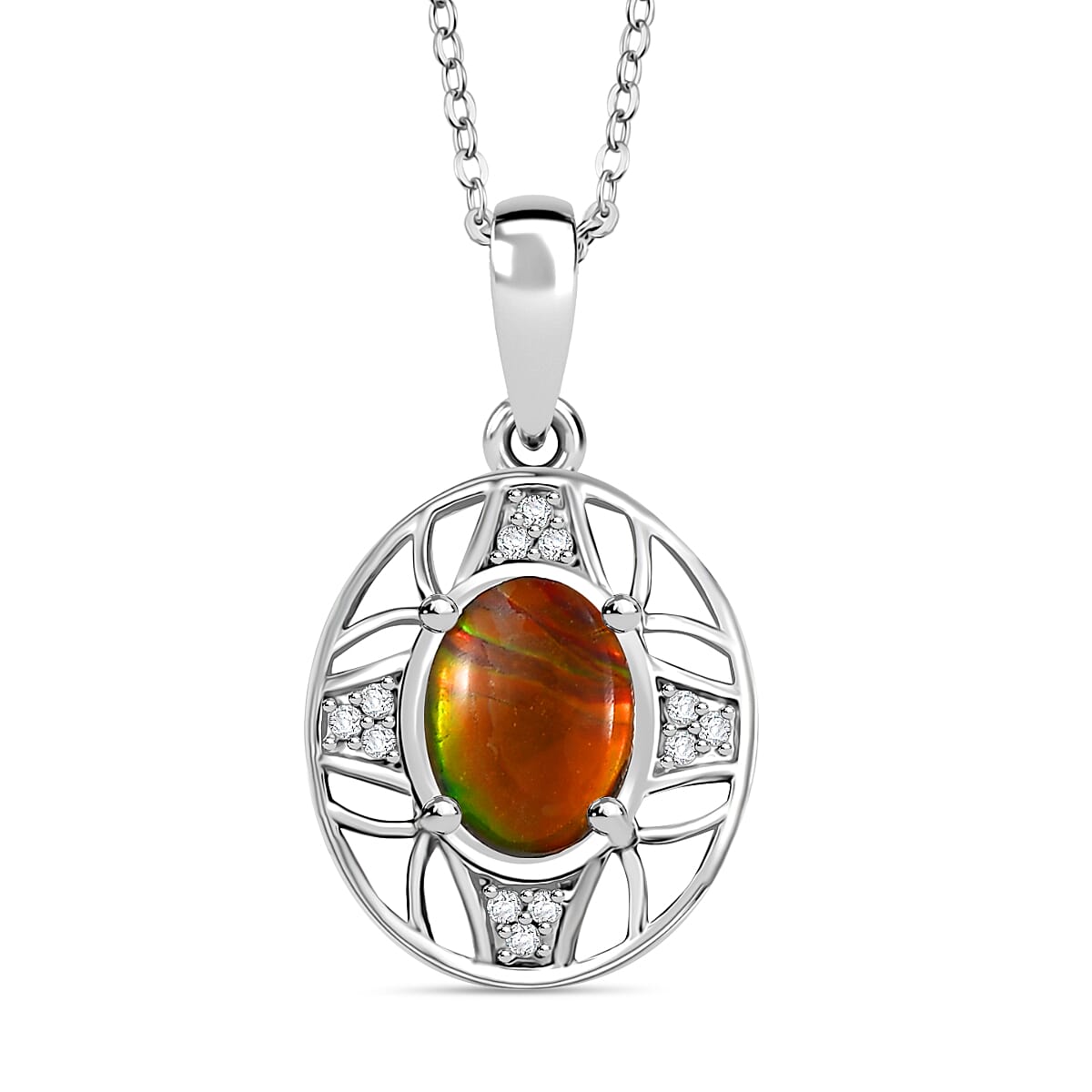 Ammolite &amp; White Zircon Pendant with Chain (Size 20) in Rhodium Overlay Sterling Silver 1.49 Ct. 4391259 0