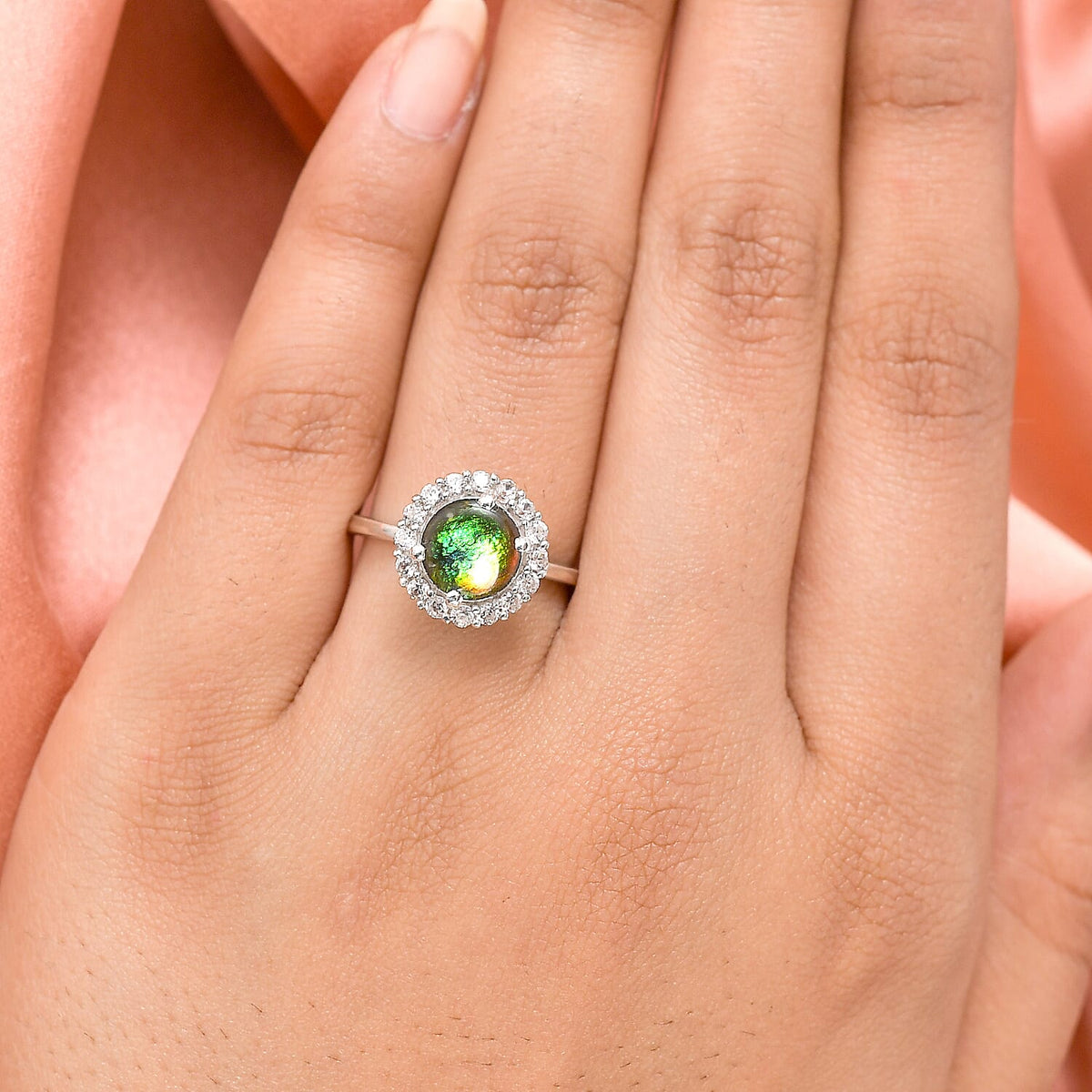 Ammolite and Natural Cambodian Zircon Ring in Platinum Overlay Sterling Silver 2.11 Ct. 8861108 3