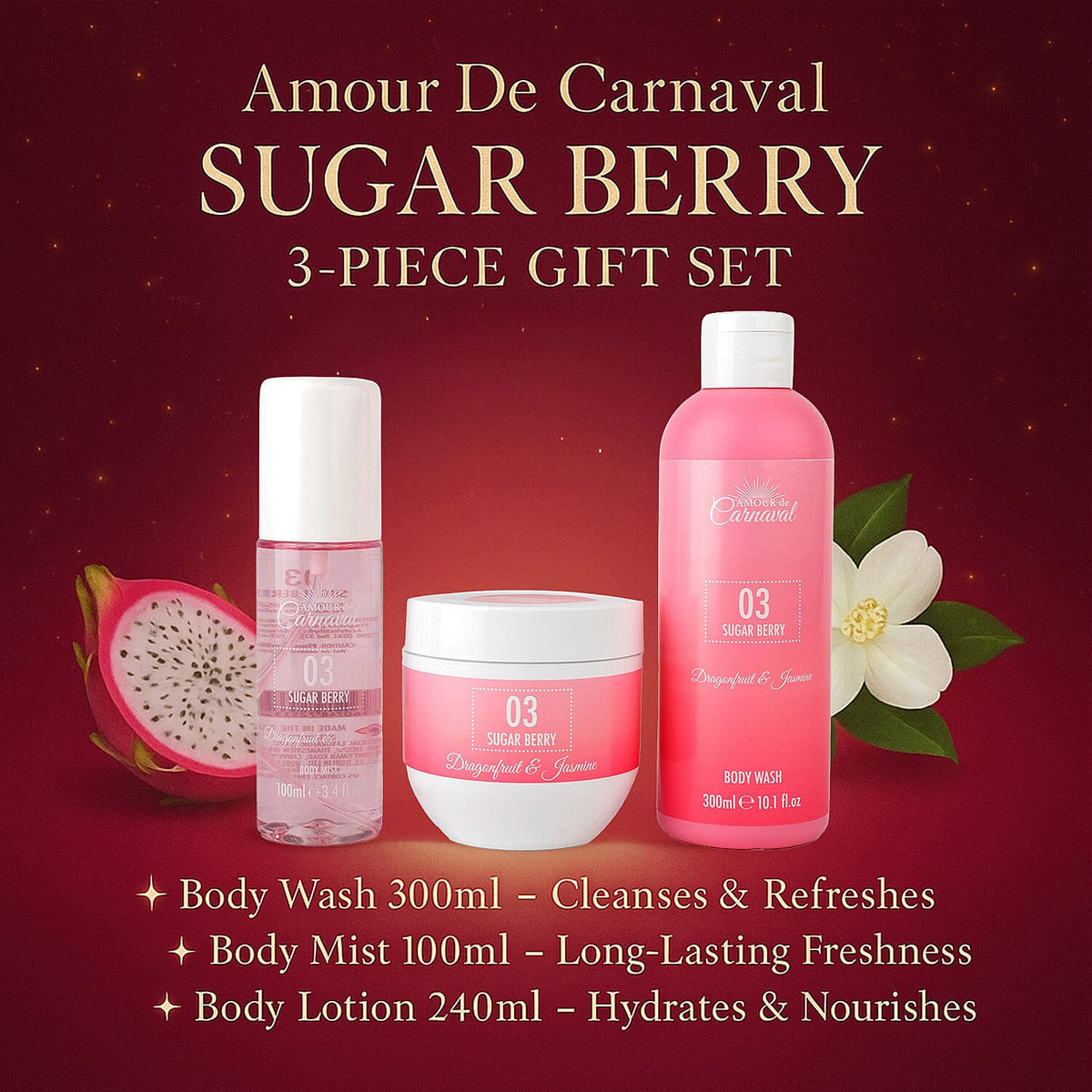 Amour De Carnaval Sugar Berry 3 Piece Gift Set (Body Wash 300ml, Body Mist 100ml, Body Lotion  240ml) - Dragonfruit and Jasmine Scent 8140392 4