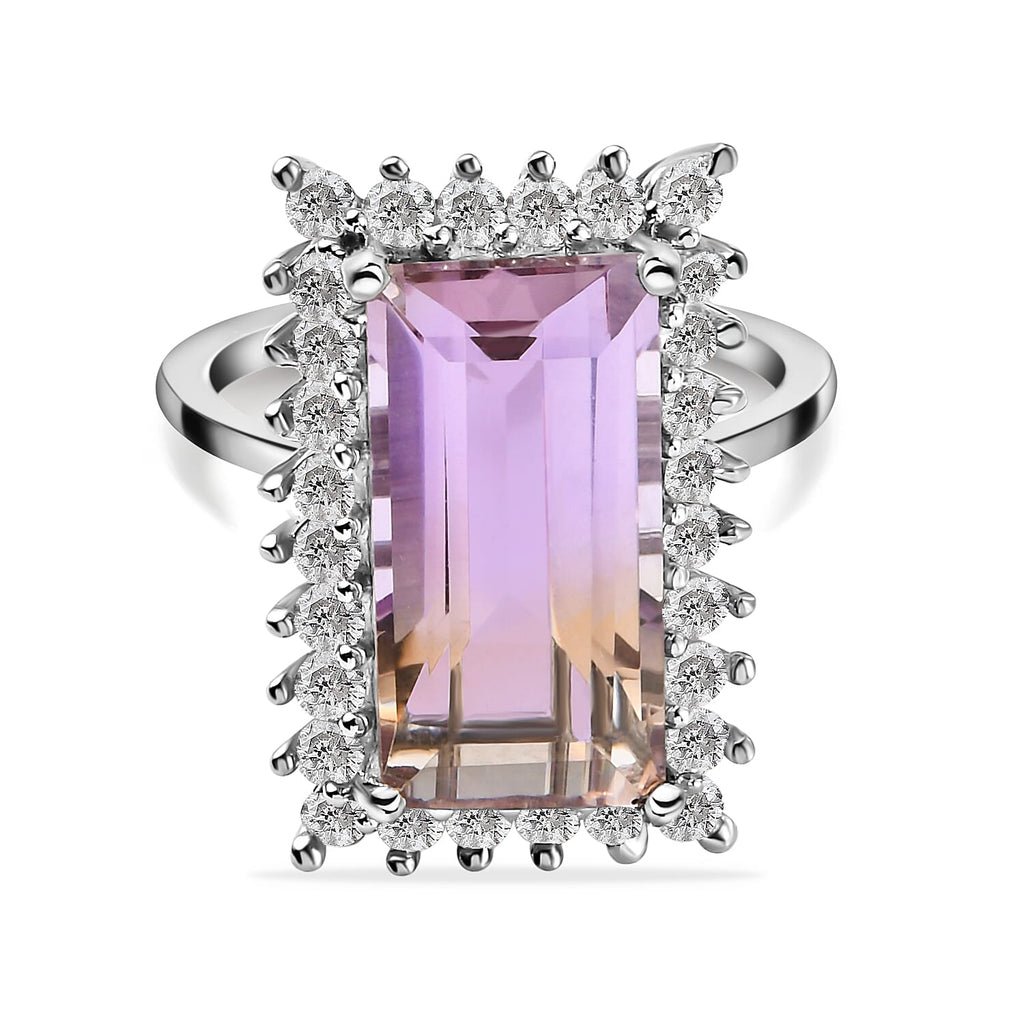Anahi Ametrine and Natural Zircon Halo Ring in Platinum Overlay Sterling Silver 7.12 Ct.