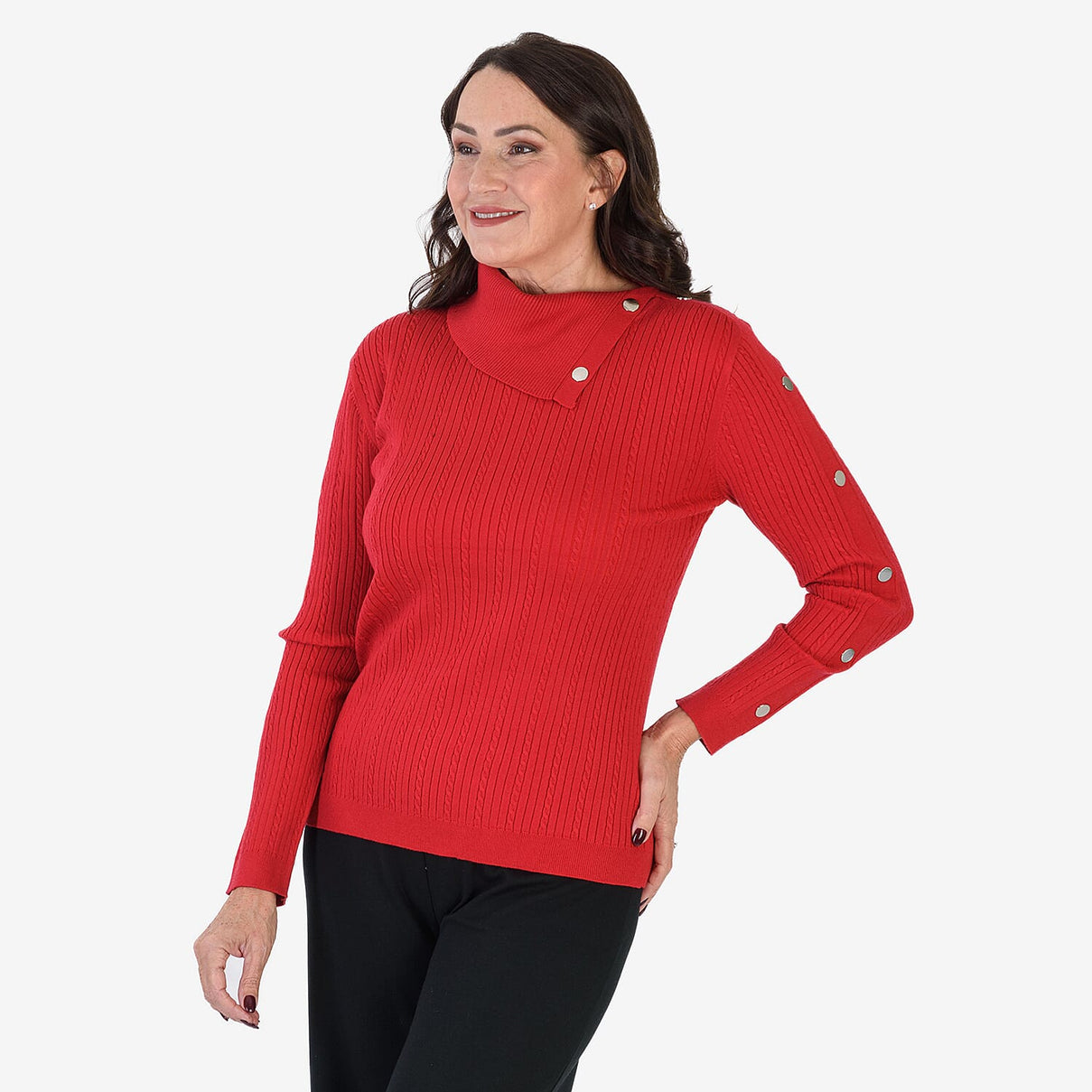 Anamor Cable Knit Splitneck Jumper With Gold Button Sleeve (Size S) - Red 8254307 0