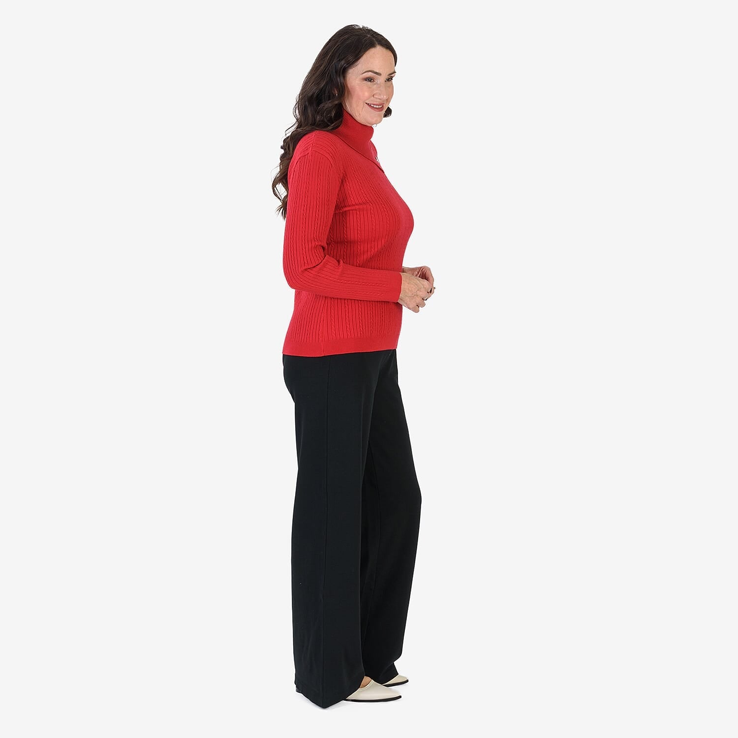 Anamor Cable Knit Splitneck Jumper With Gold Button Sleeve (Size S) - Red 8254307 2