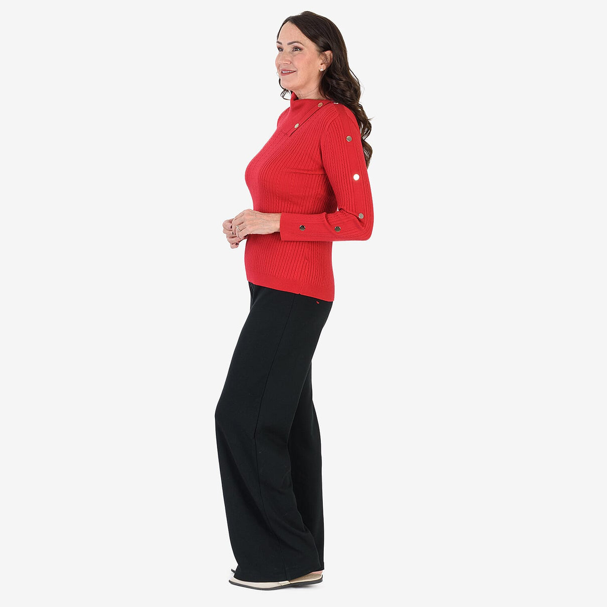 Anamor Cable Knit Splitneck Jumper With Gold Button Sleeve (Size S) - Red 8254307 3