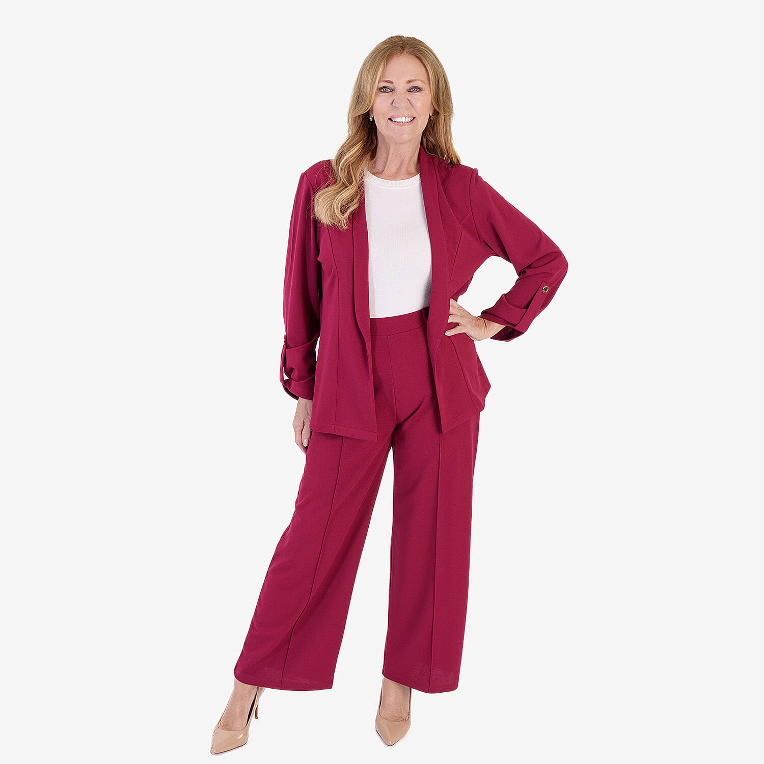 Anamor Crepe Pintuck Wideleg Trousers With Gold Button Detail (Size 12) - Wine 8305980 1
