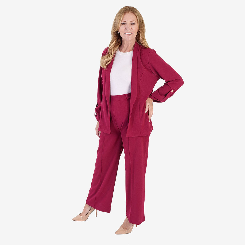 Anamor Crepe Pintuck Wideleg Trousers With Gold Button Detail (Size 12) - Wine