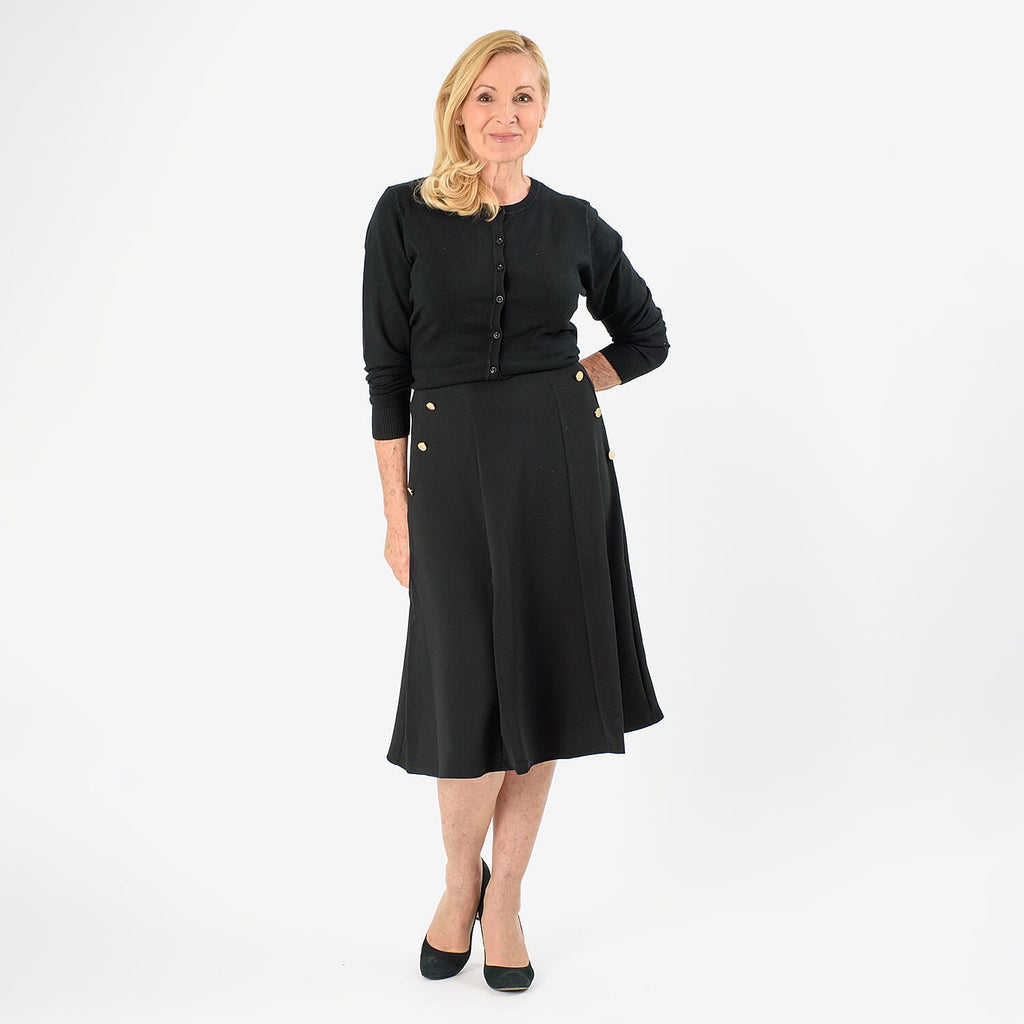 Anonymous A-Line Midi Skirt with Gold Button Detail (Size 16) - Black