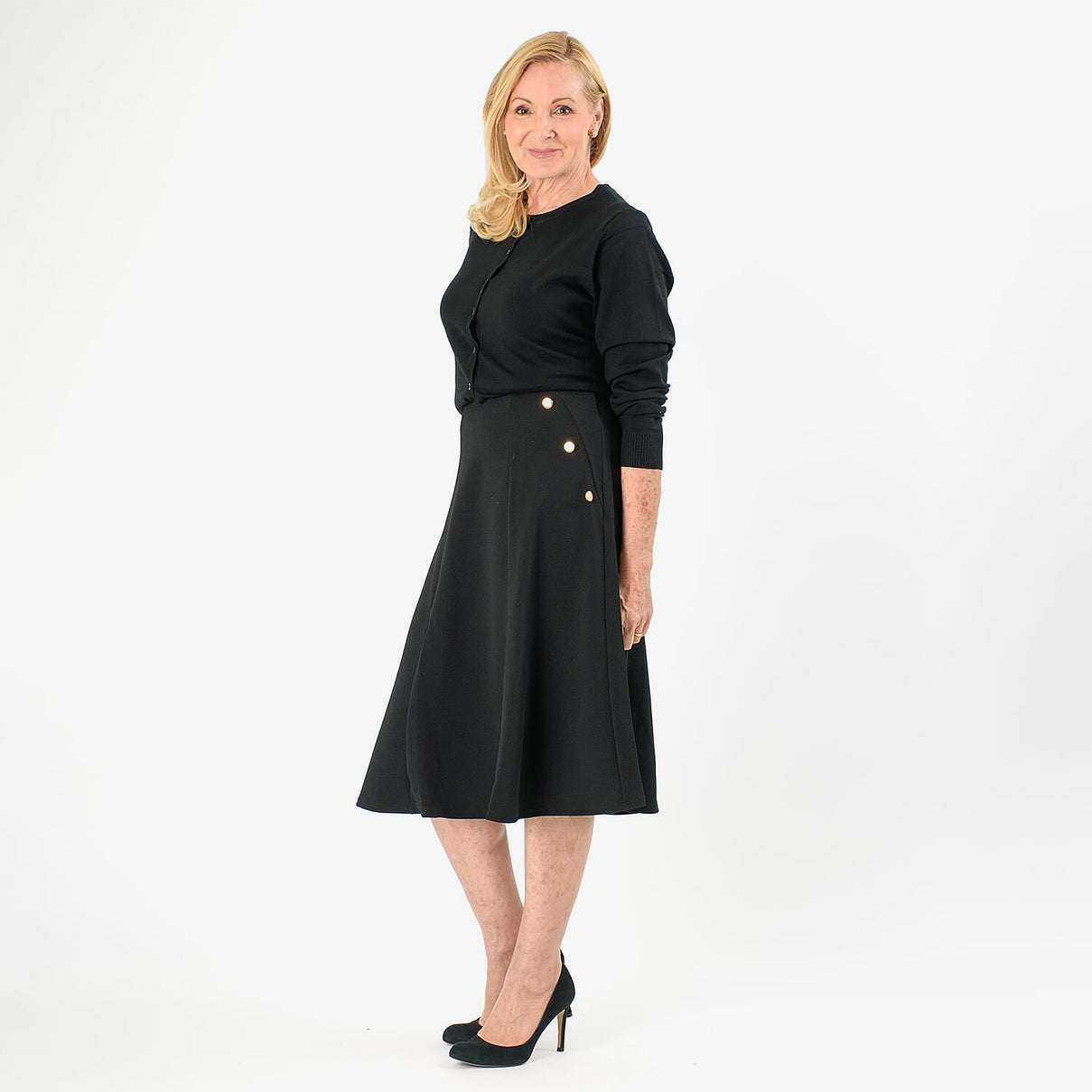 Anonymous A-Line Midi Skirt with Gold Button Detail (Size 16) - Black V32517619 2