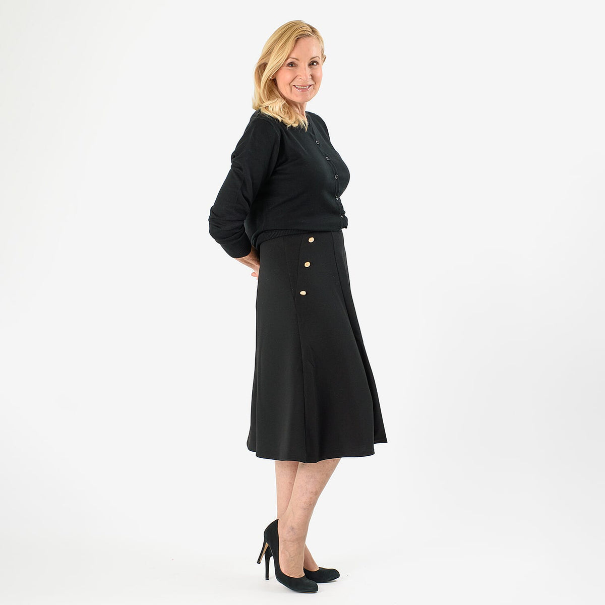 Anonymous A-Line Midi Skirt with Gold Button Detail (Size 16) - Black V32517619 4