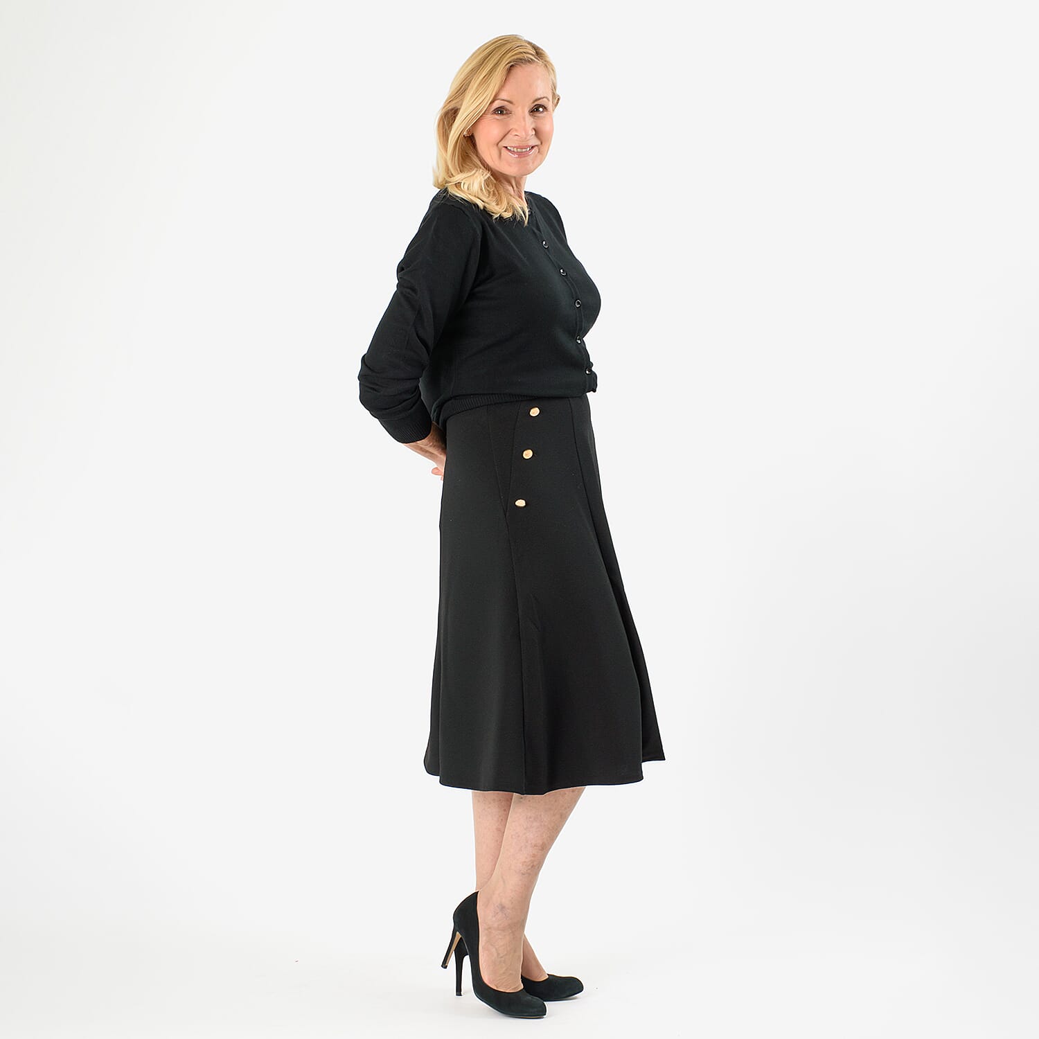 Anonymous A-Line Midi Skirt with Gold Button Detail (Size 16) - Black V32517619 4