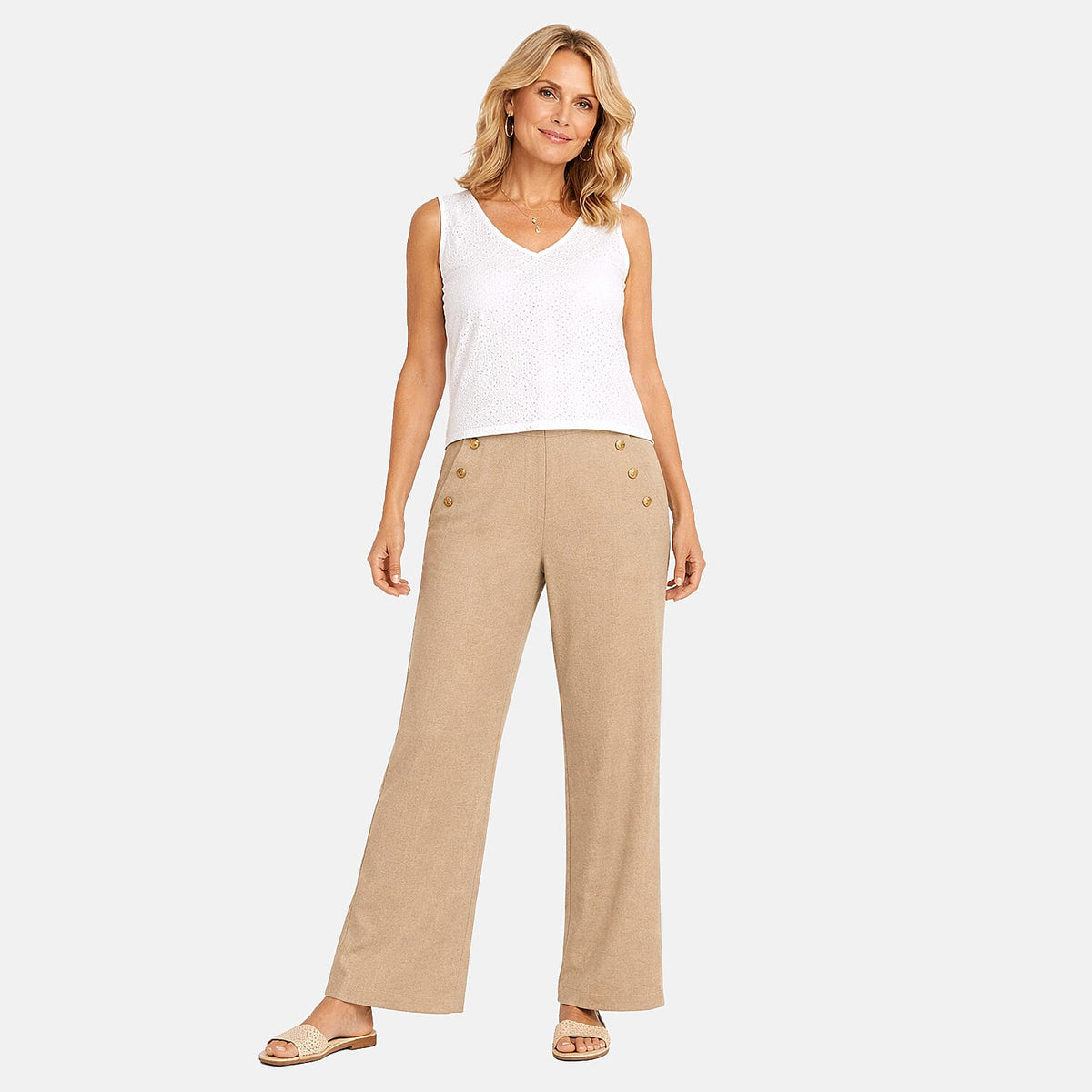 Anonymous Wide Leg Trouser With Gold Button Detail (Size 14) - Beige V32549360 0