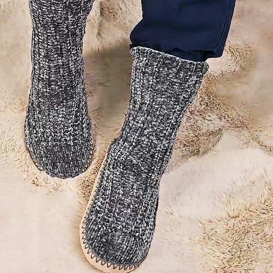 Anti slip Indoor Knitted Slippers with Fur Lining - Grey 3874584 2