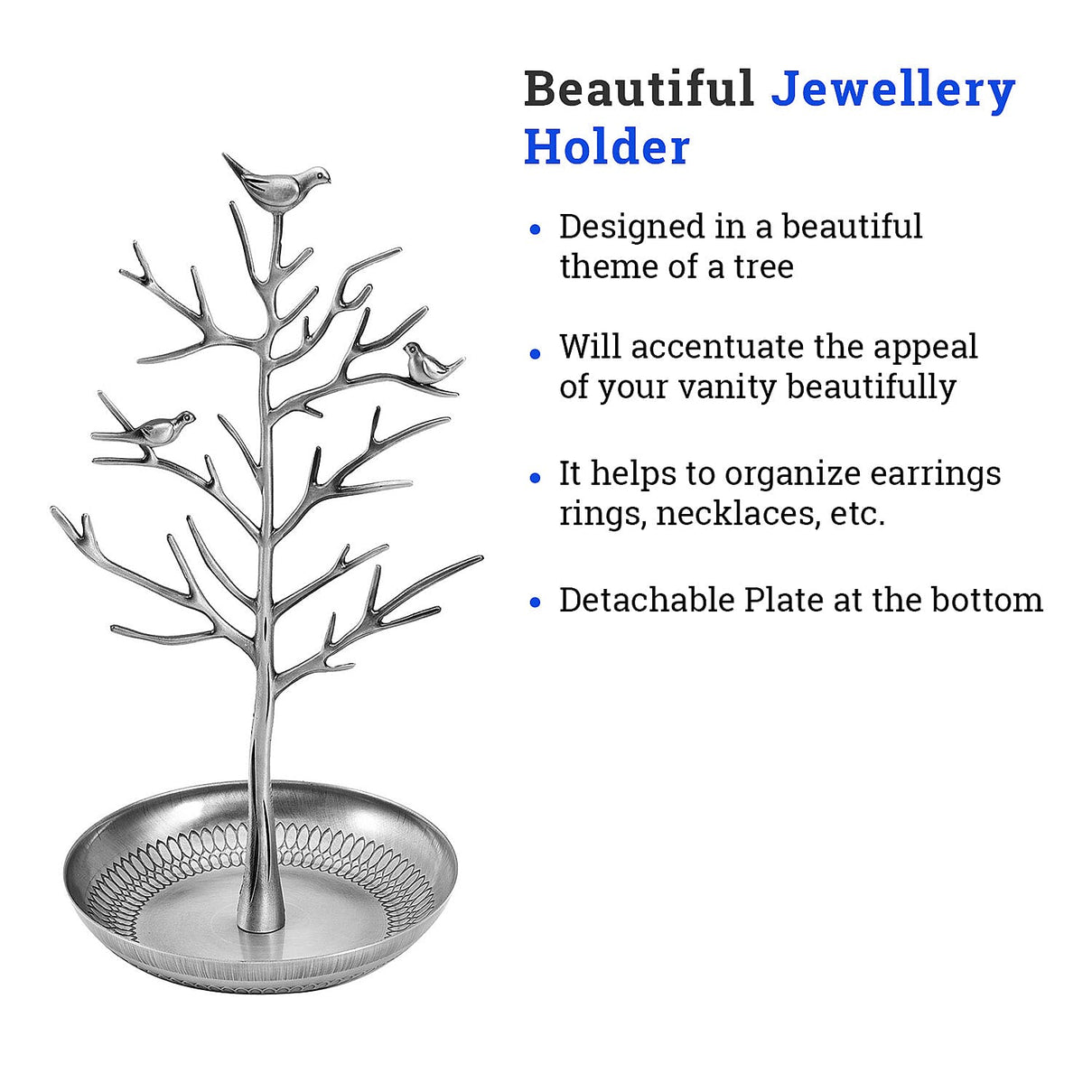 Antique Birds on Tree Stand Jewellery Holder Display in Silver Colour (Size 30x15 Cm) 6039247 4