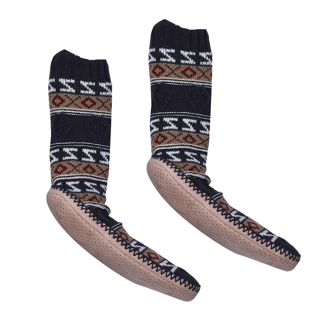 100% Acrylic Antislip Indoor Knitted Slippers with Fur Lining (Size M, 40-41) - Navy Blue
