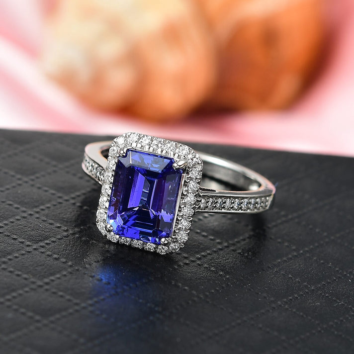 Certified &amp; Appraised RHAPSODY 950 Platinum AAAA Tanzanite White Diamond VS-EF Halo Ring, 4.41  Ct. 8084232 2