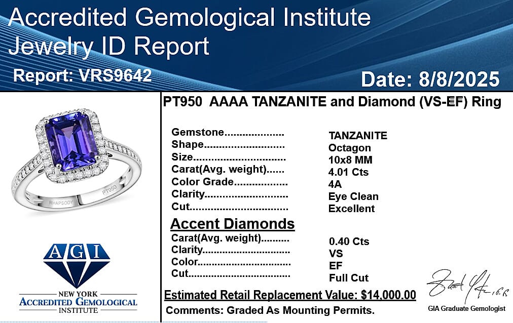 Certified &amp; Appraised RHAPSODY 950 Platinum AAAA Tanzanite White Diamond VS-EF Halo Ring, 4.41  Ct. 8084232 8